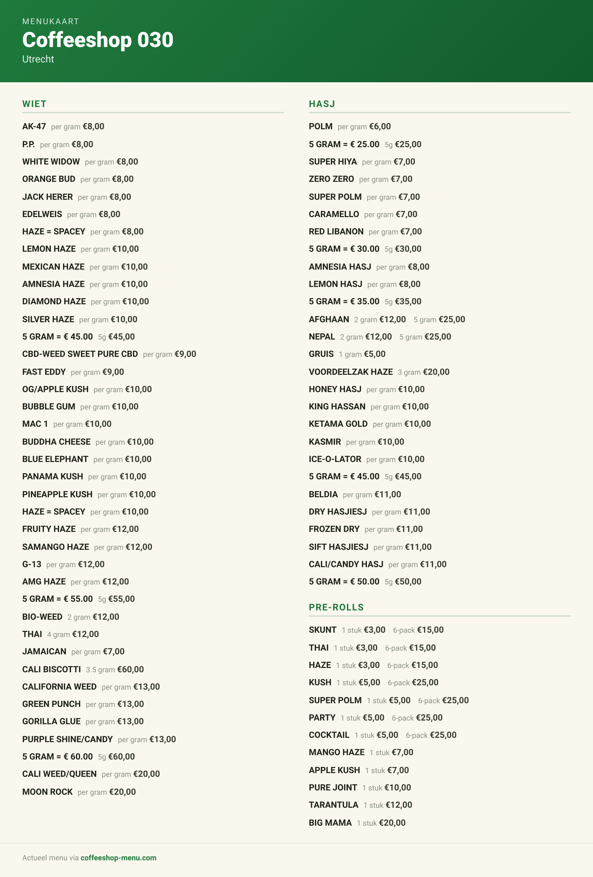Menu bij Coffeeshop 030