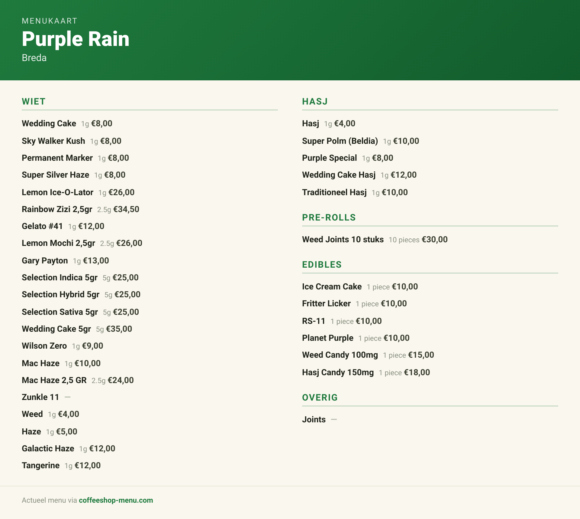 Menu bij Purple Rain