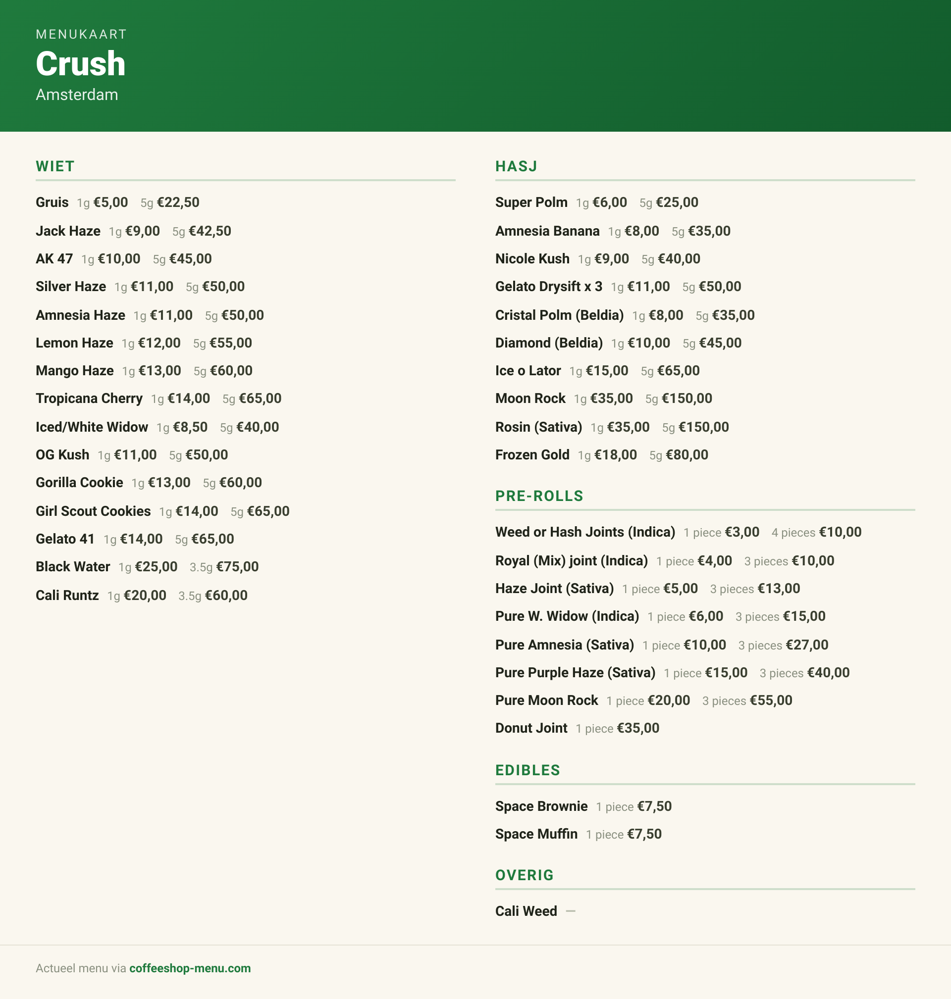 Menu bij Crush