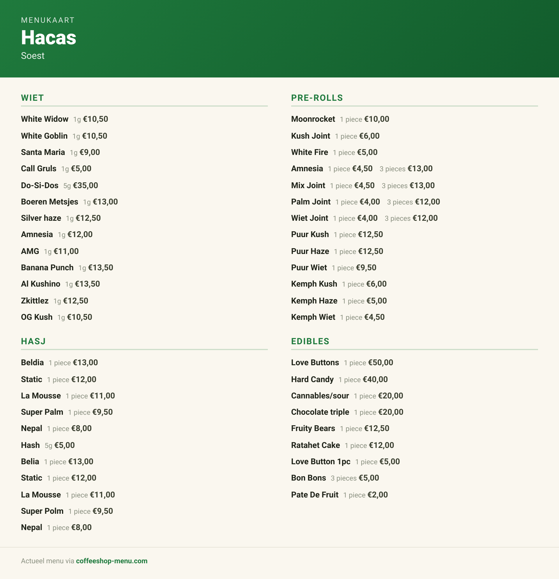 Menu bij Hacas