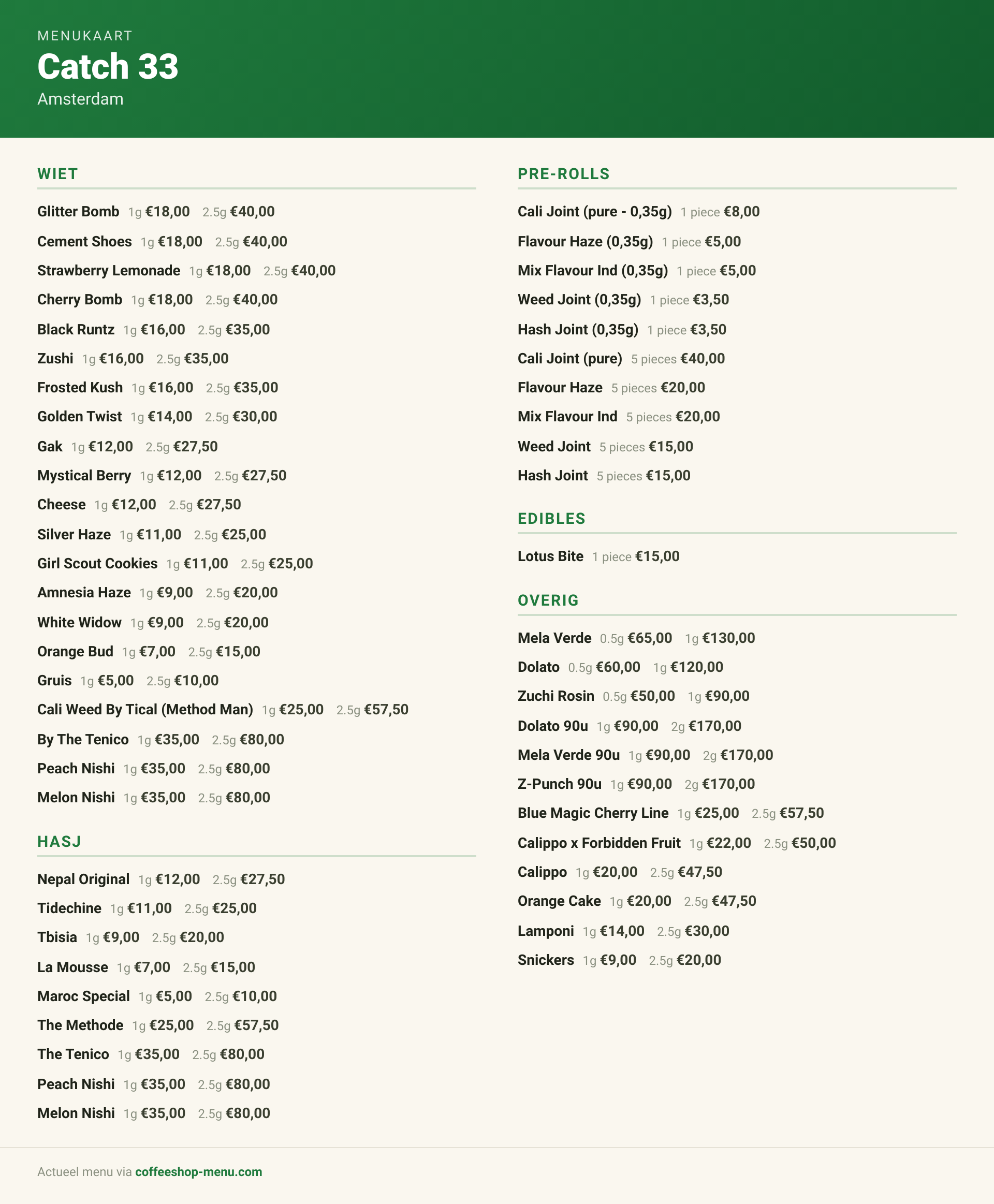 Menu bij Catch 33