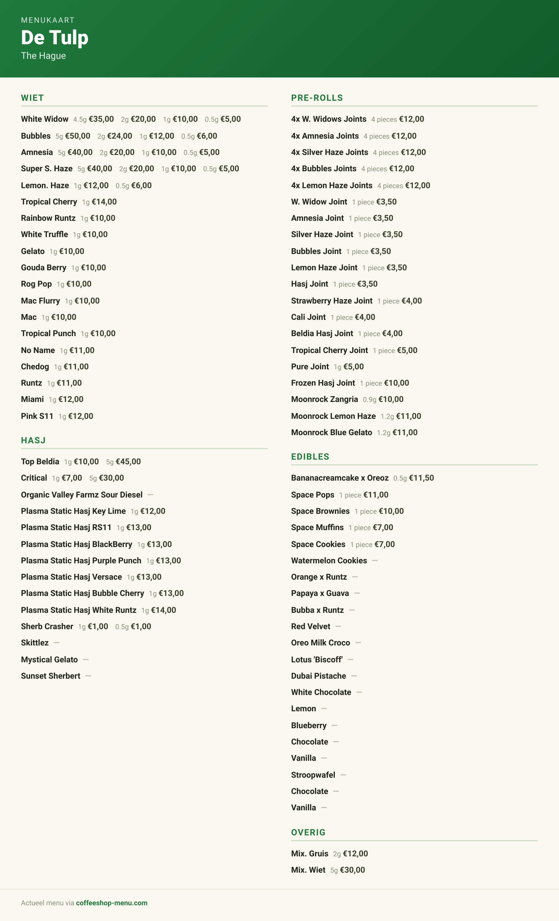 Menu bij De Tulp