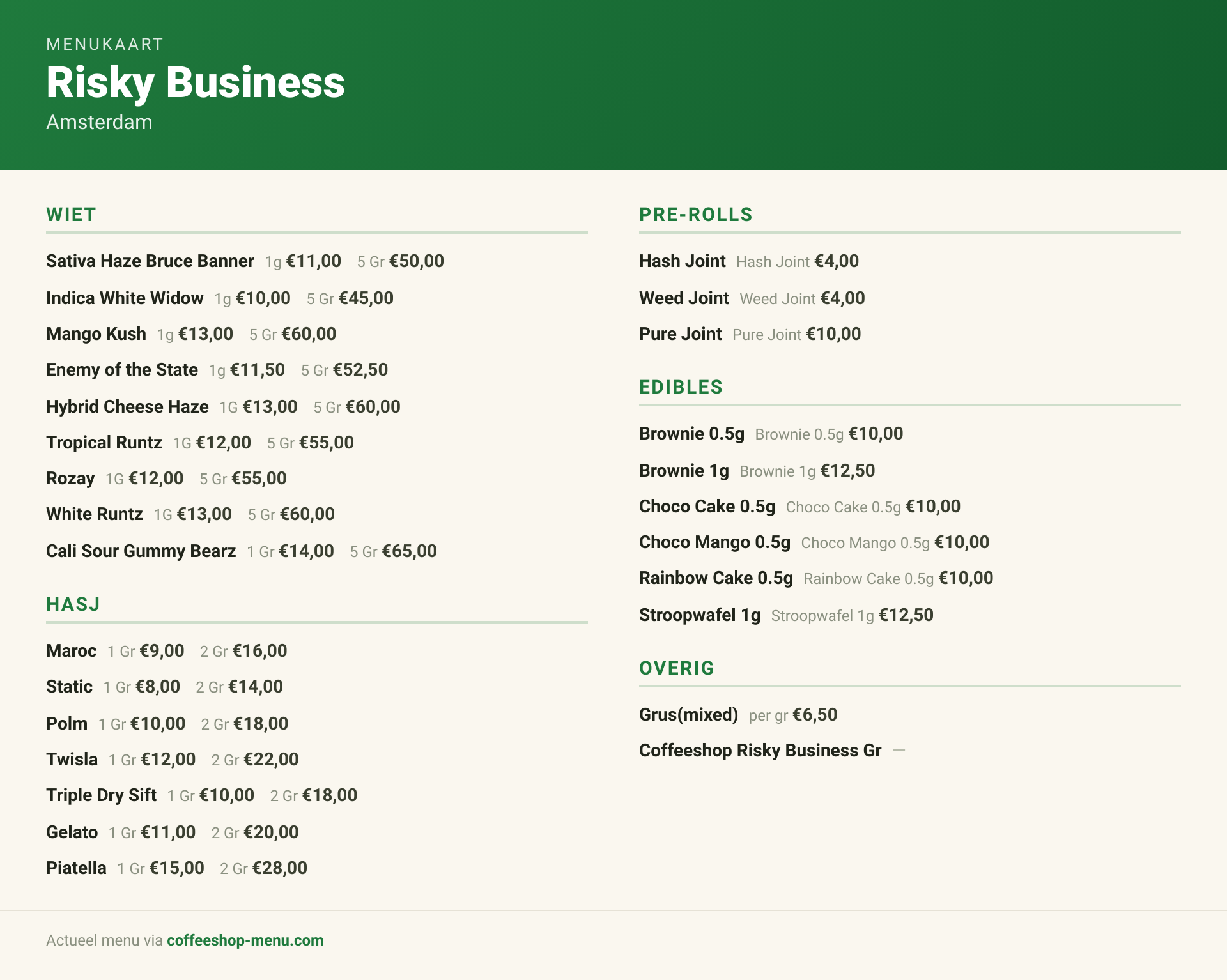 Menu bij Risky Business