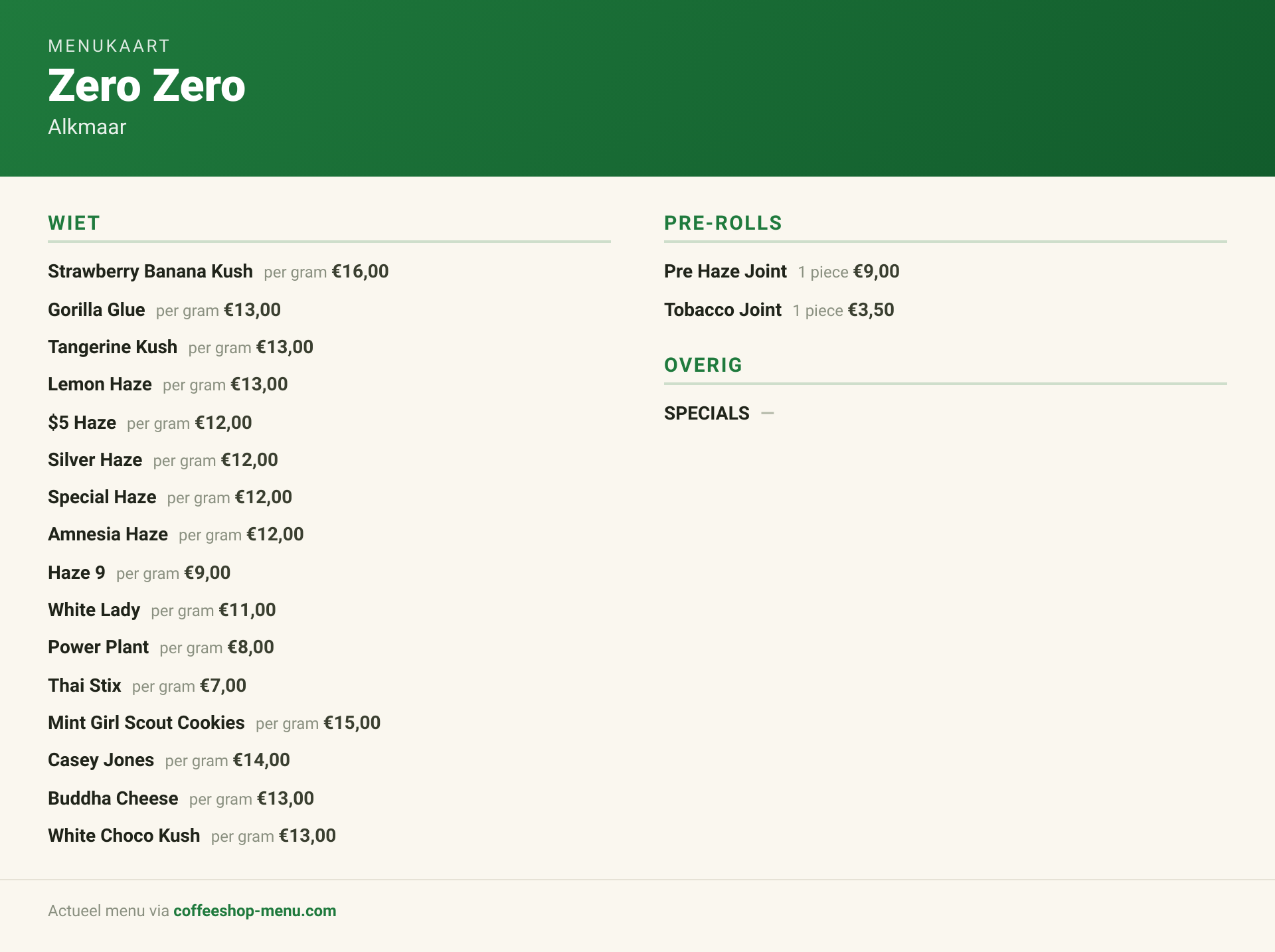 Menu bij Zero Zero