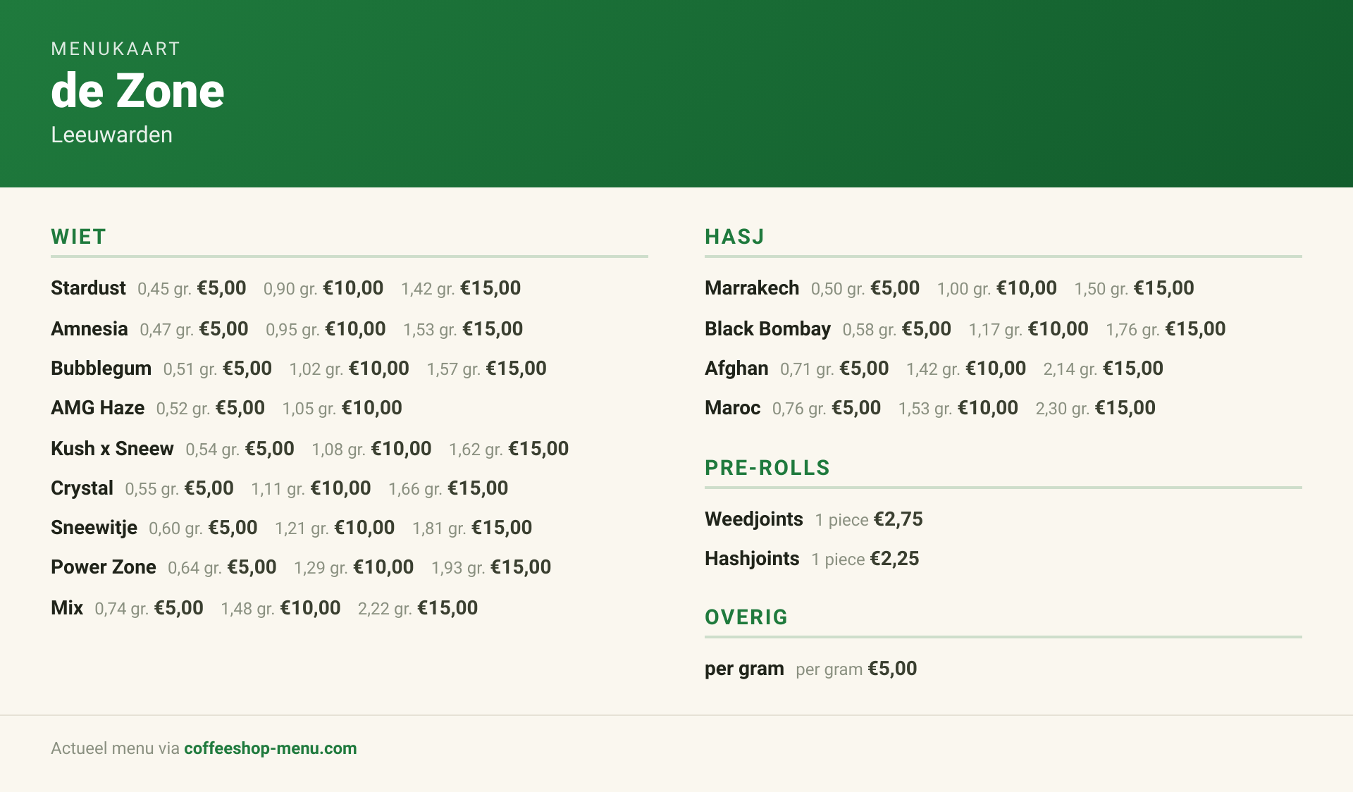 Menu bij de Zone