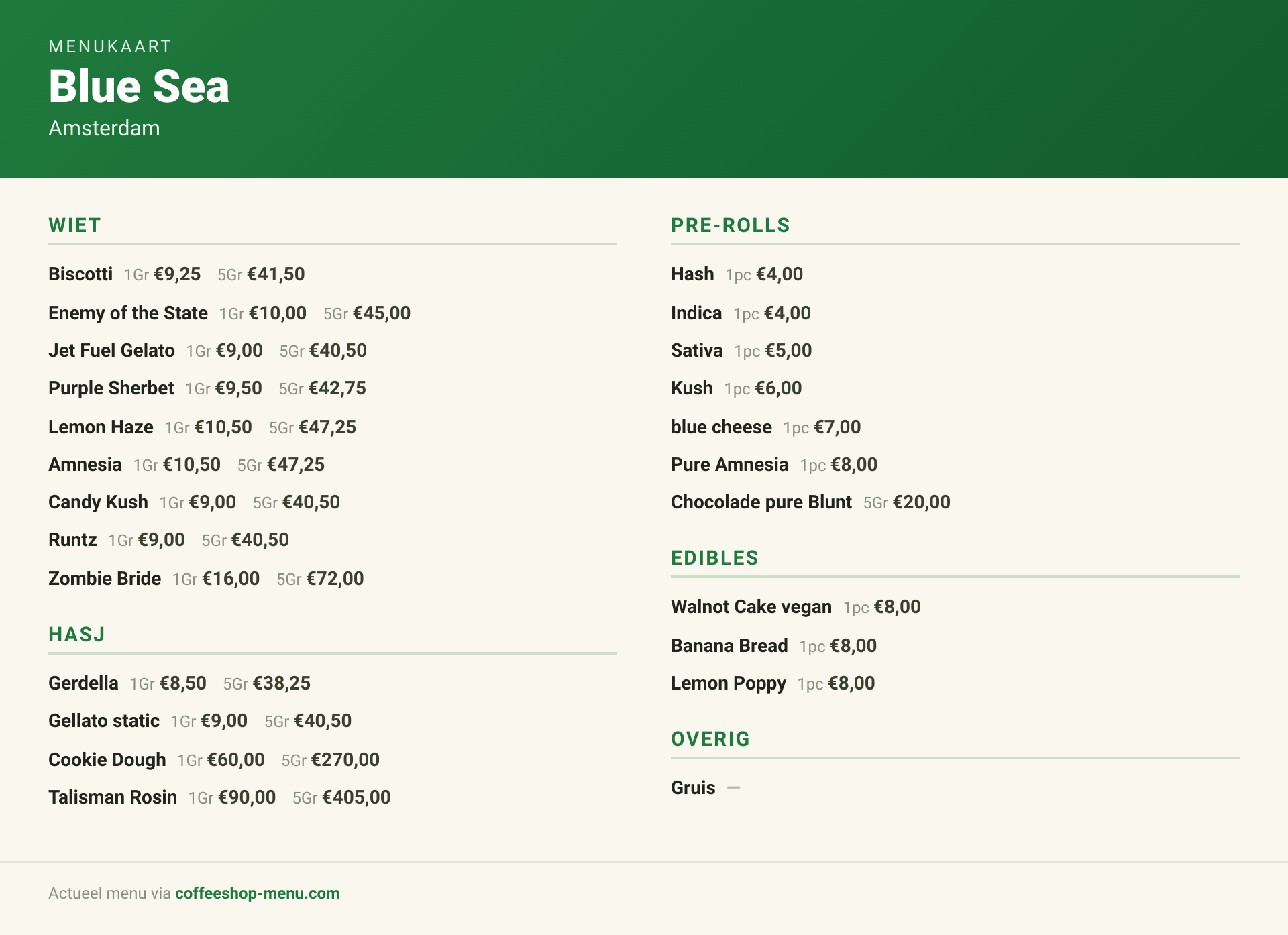 Menu bij Blue Sea