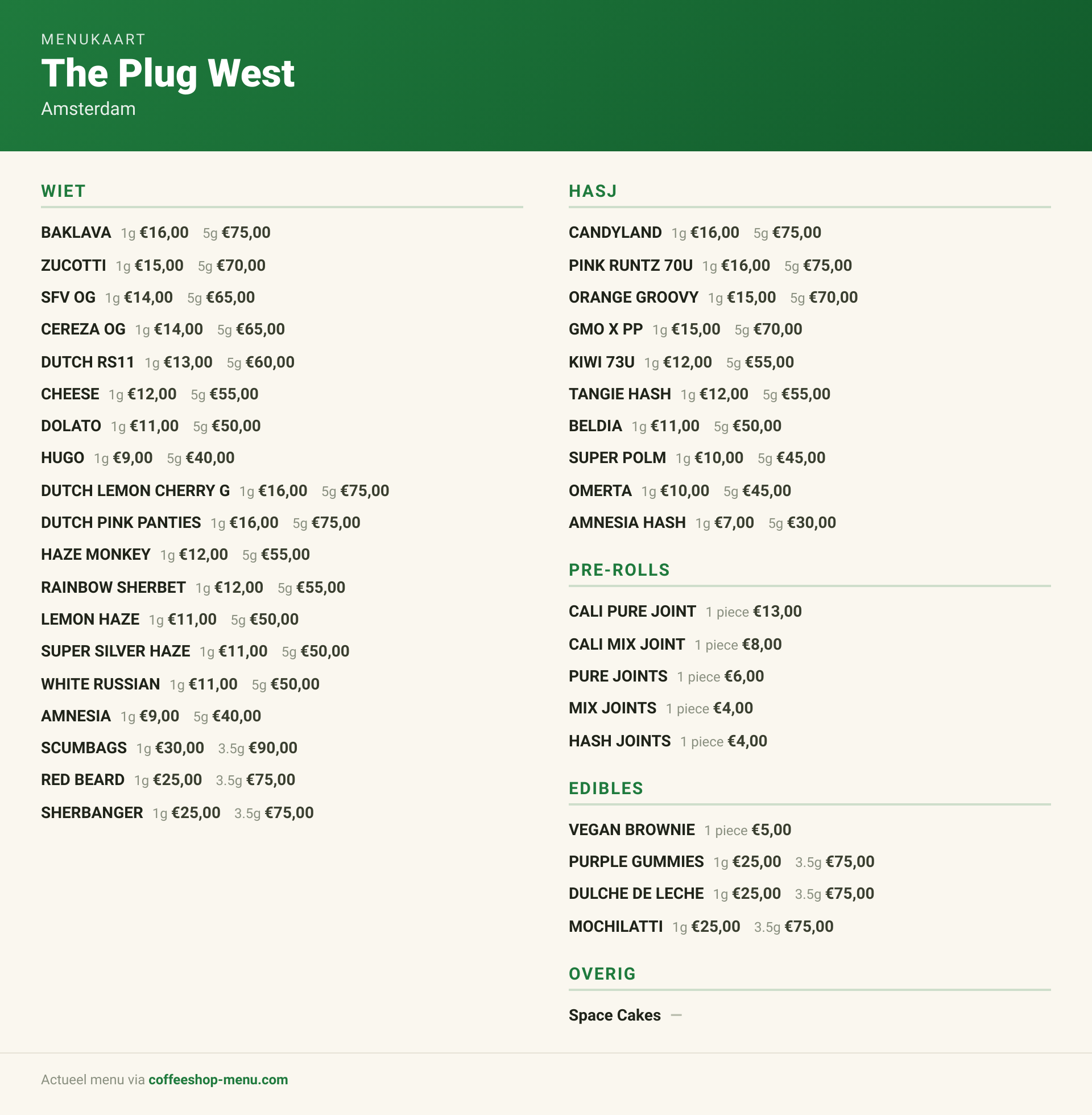 Menu bij The Plug West