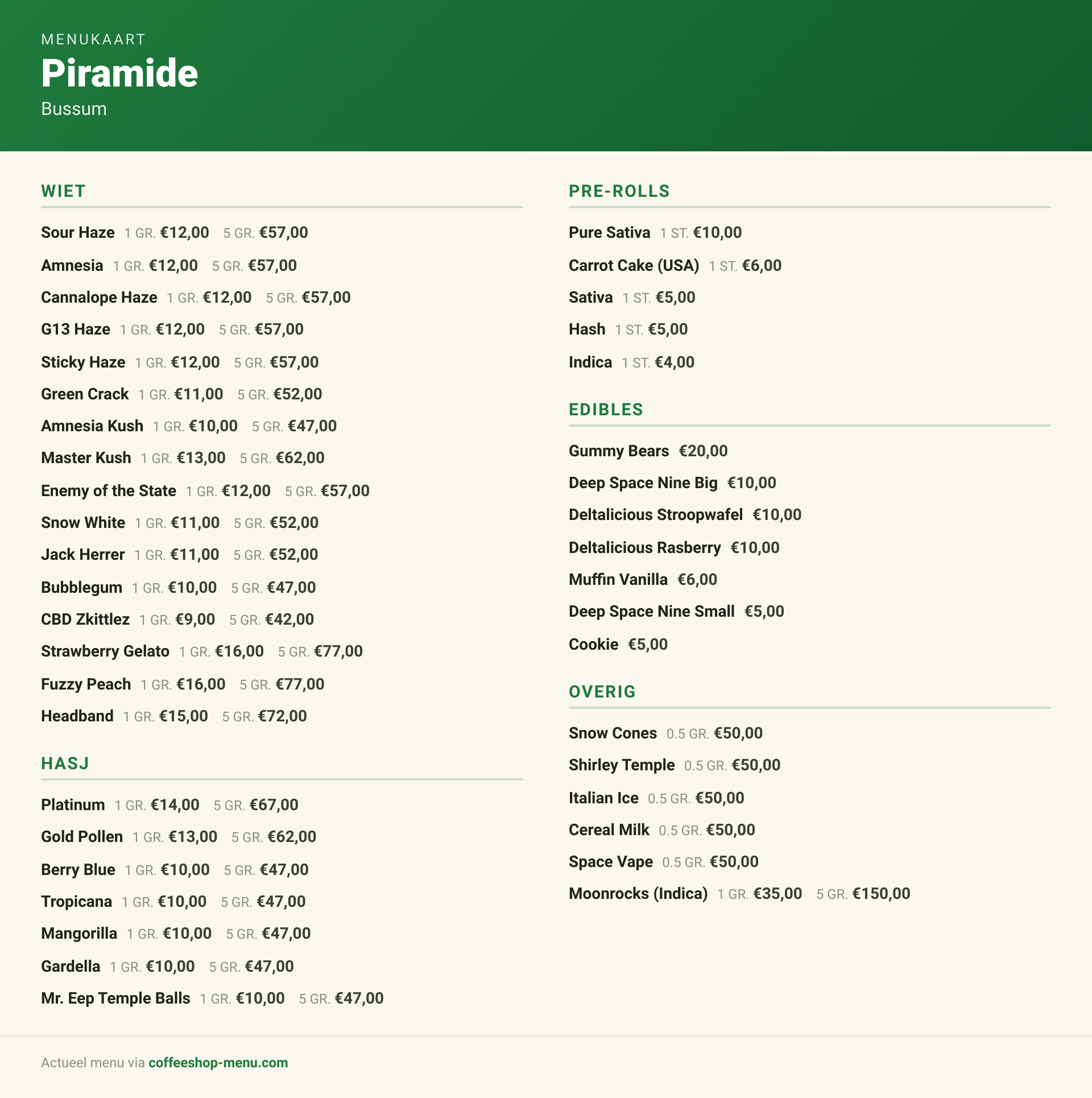 Menu bij Piramide