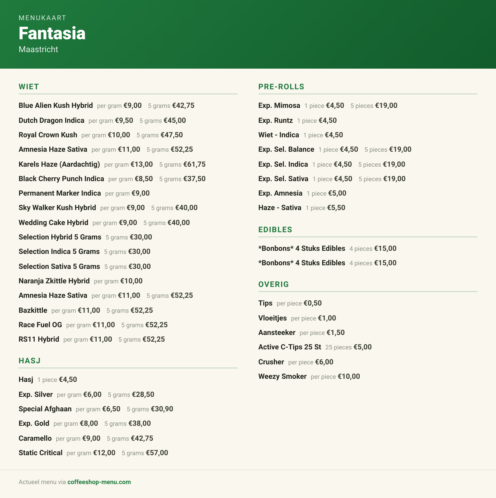 Menu bij Fantasia
