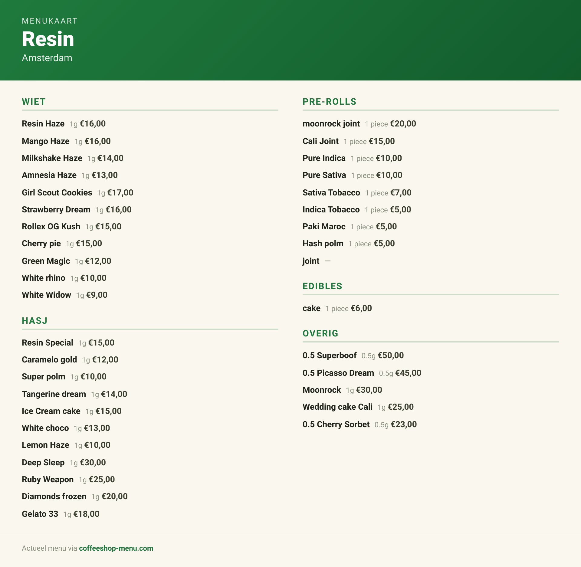 Menu bij Resin