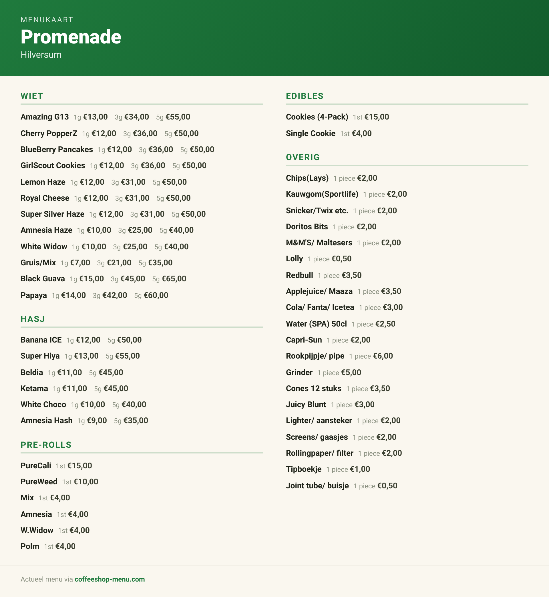 Menu bij Promenade
