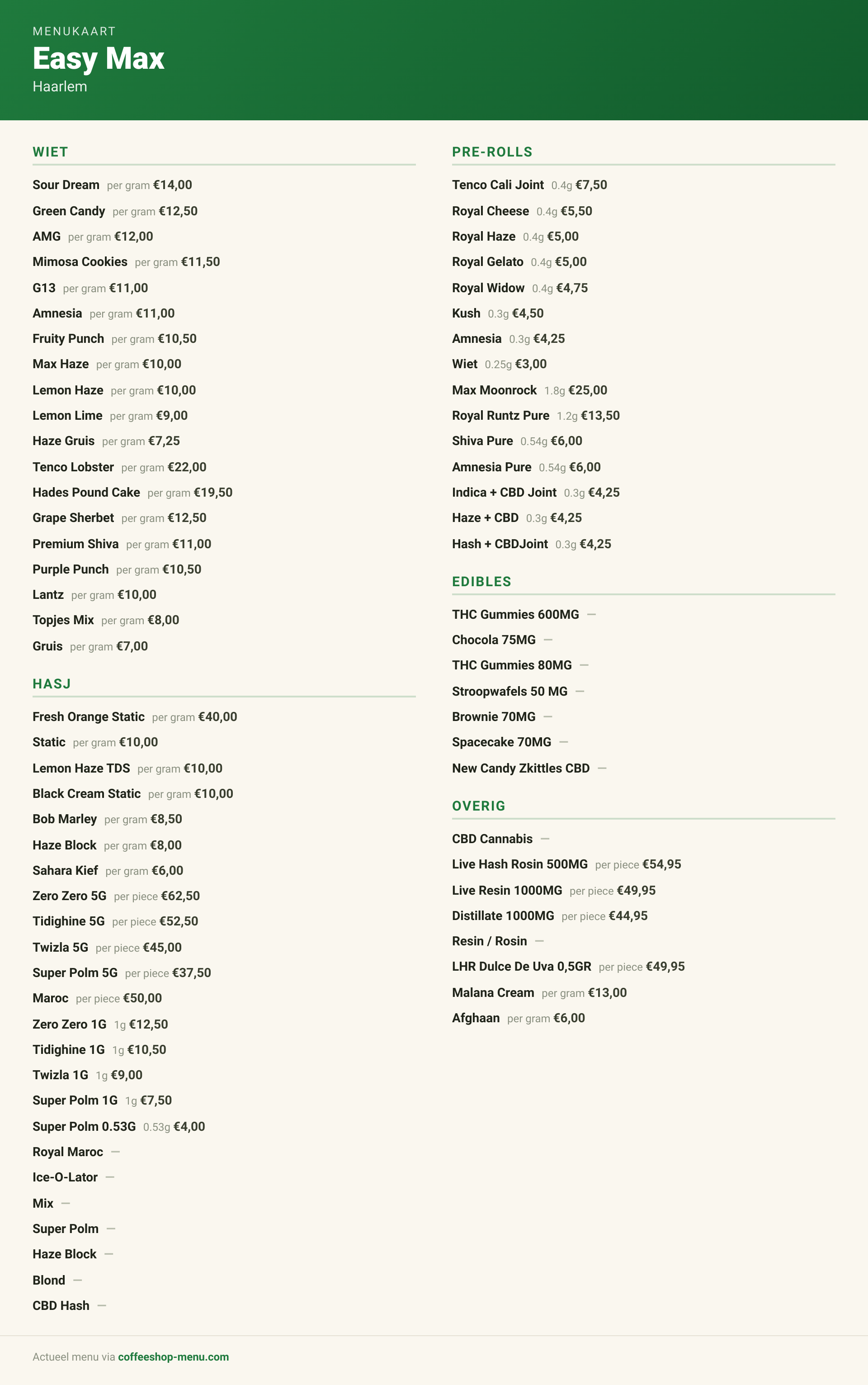 Menu bij Easy Max