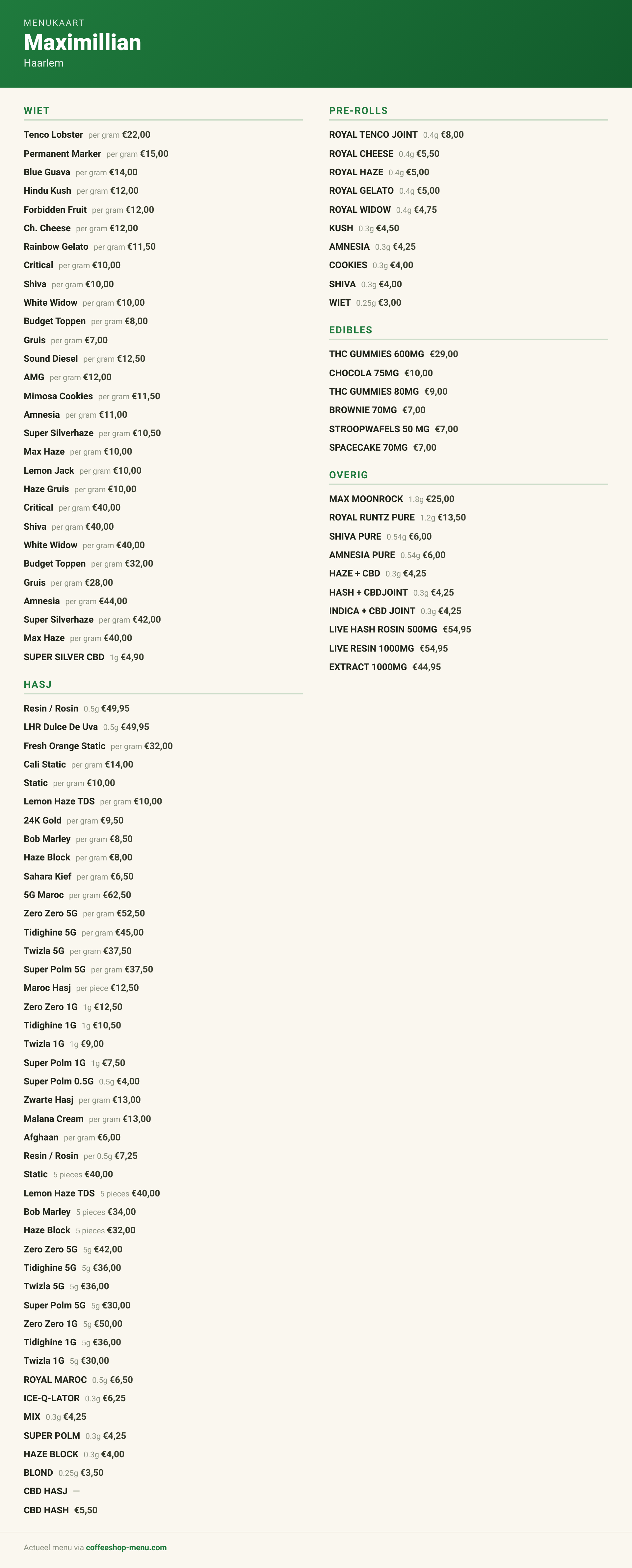 Menu bij Maximillian