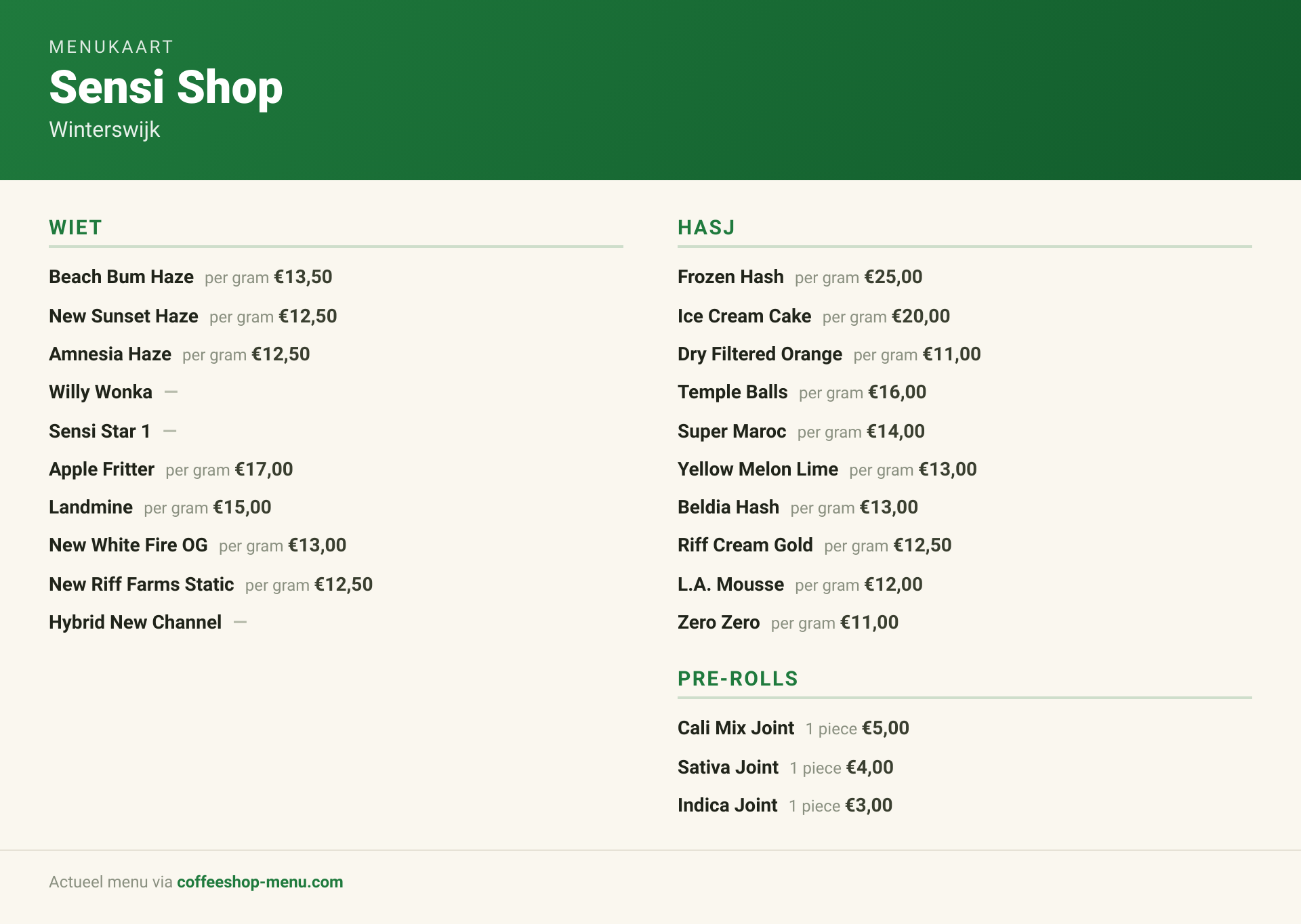 Menu bij Sensi Shop