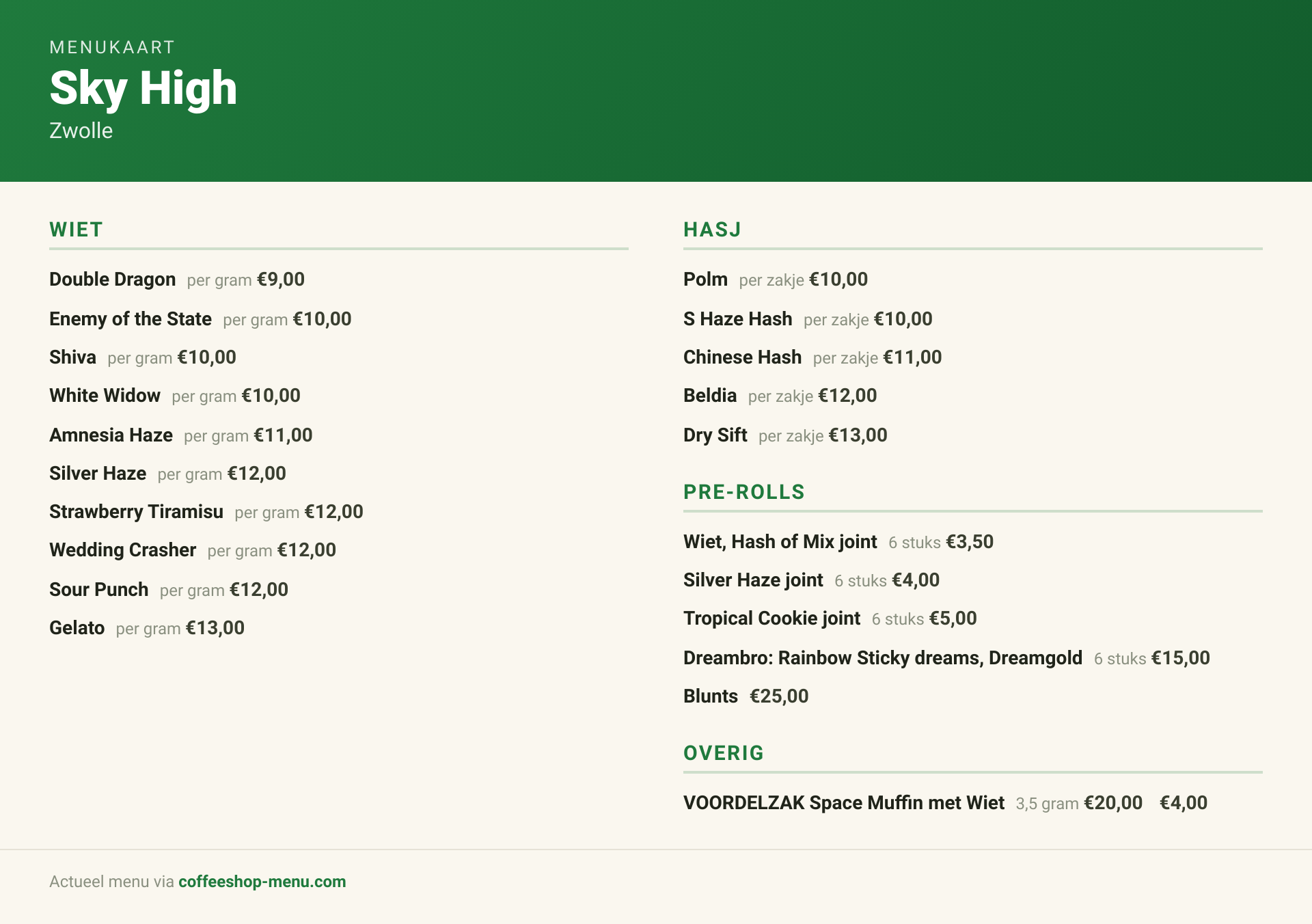 Menu bij Sky High
