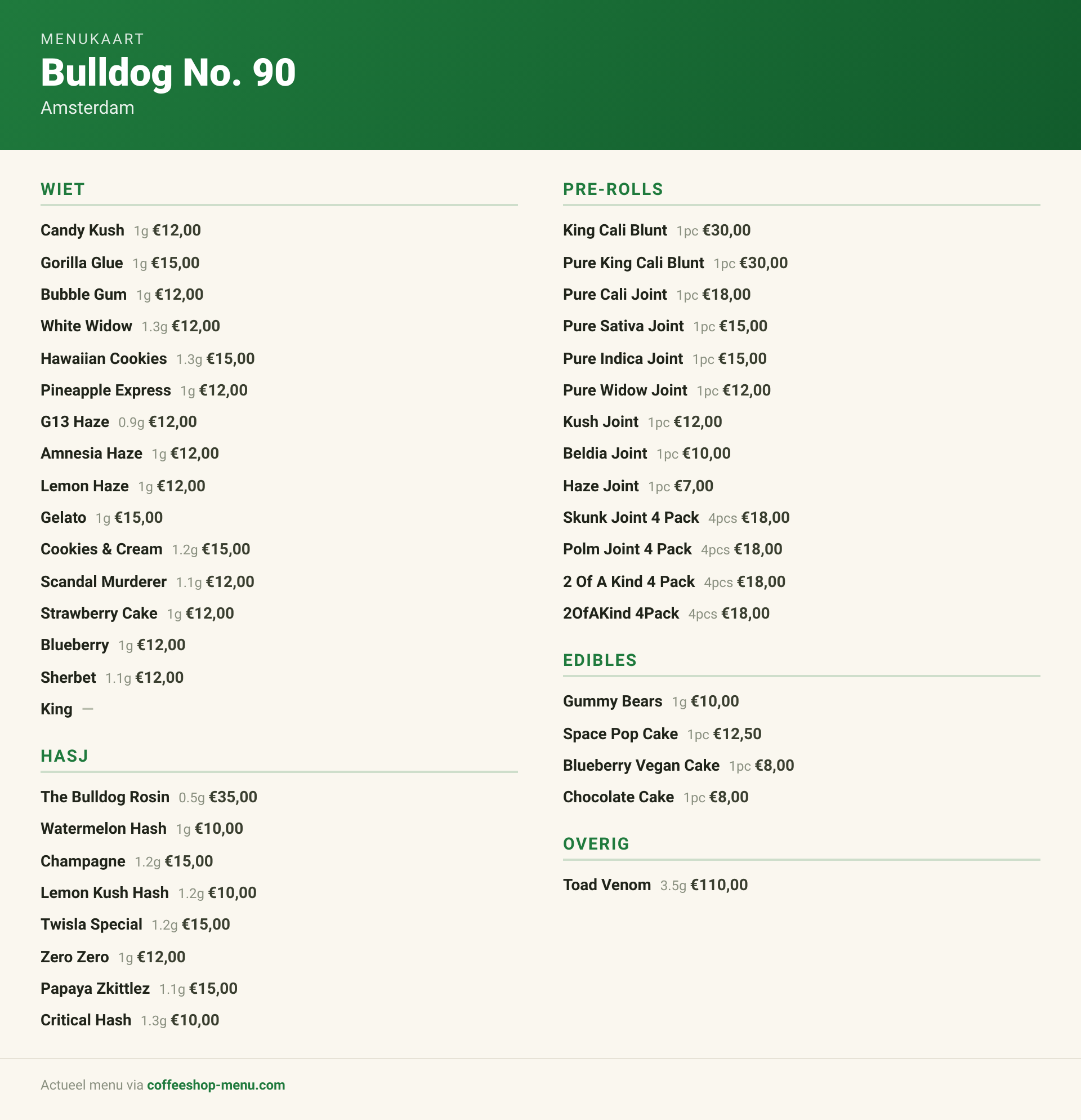 Menu bij Bulldog No. 90