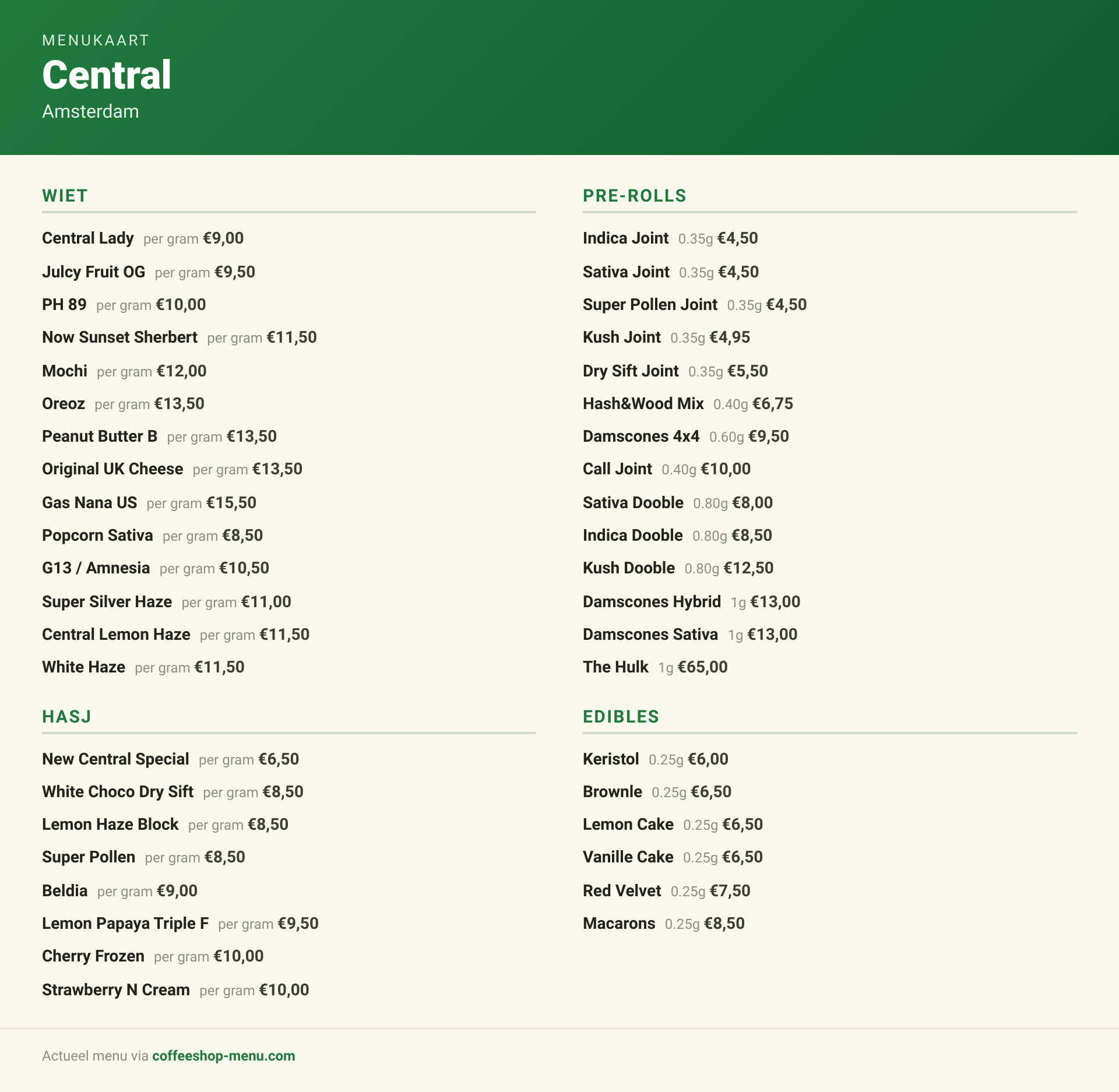 Menu bij Central