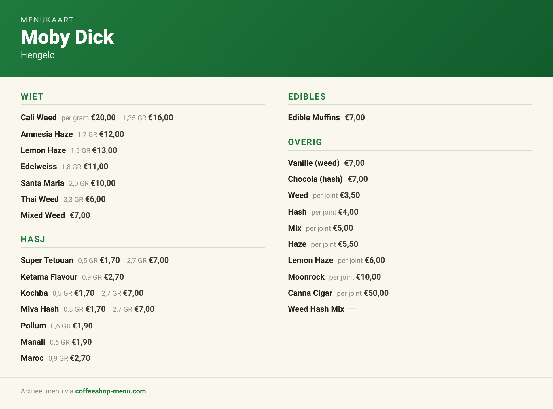 Menu bij Moby Dick