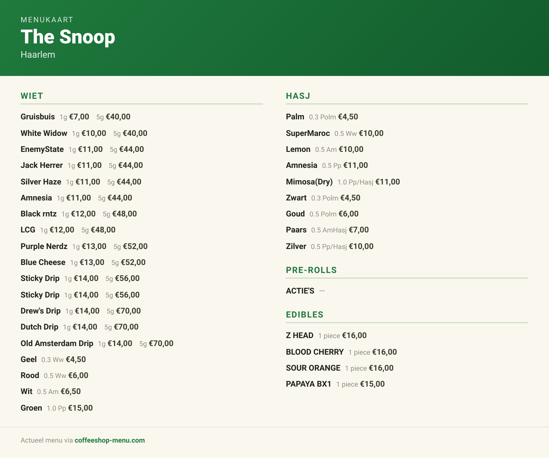 Menu bij The Snoop