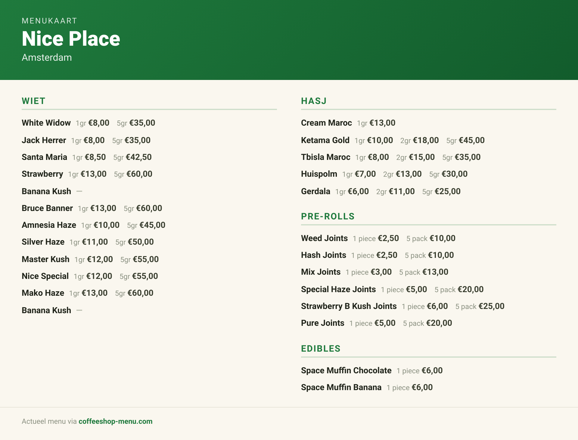 Menu bij Nice Place