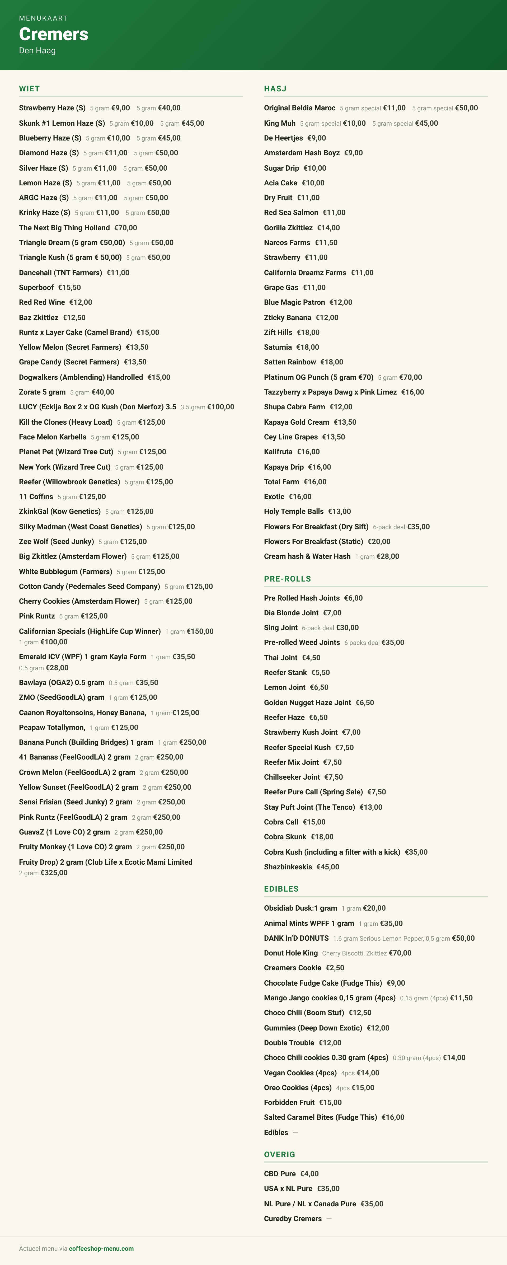 Menu bij Cremers