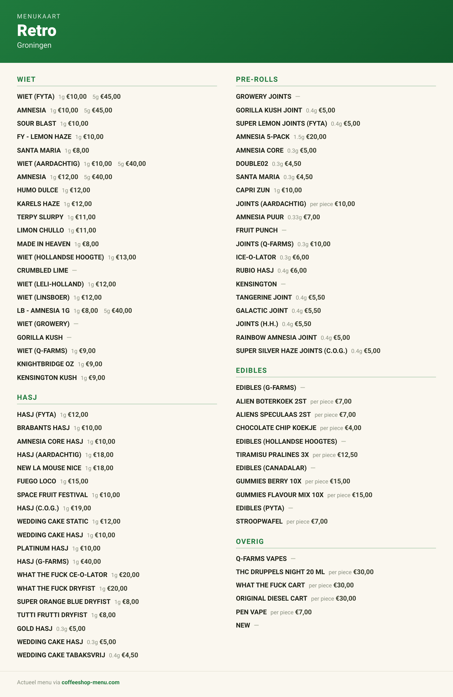 Menu bij Retro