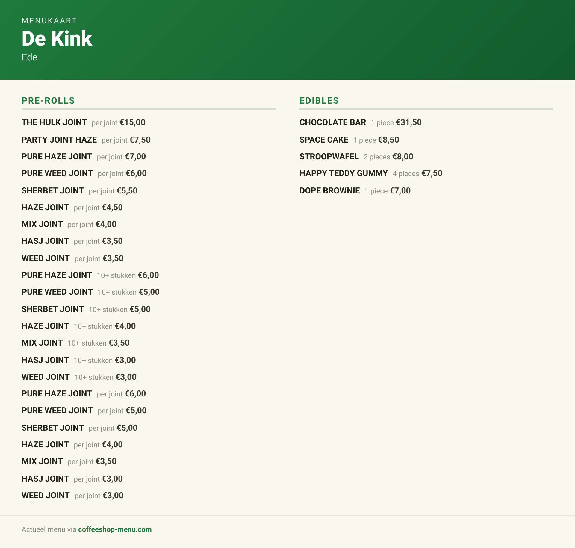 Menu bij De Kink