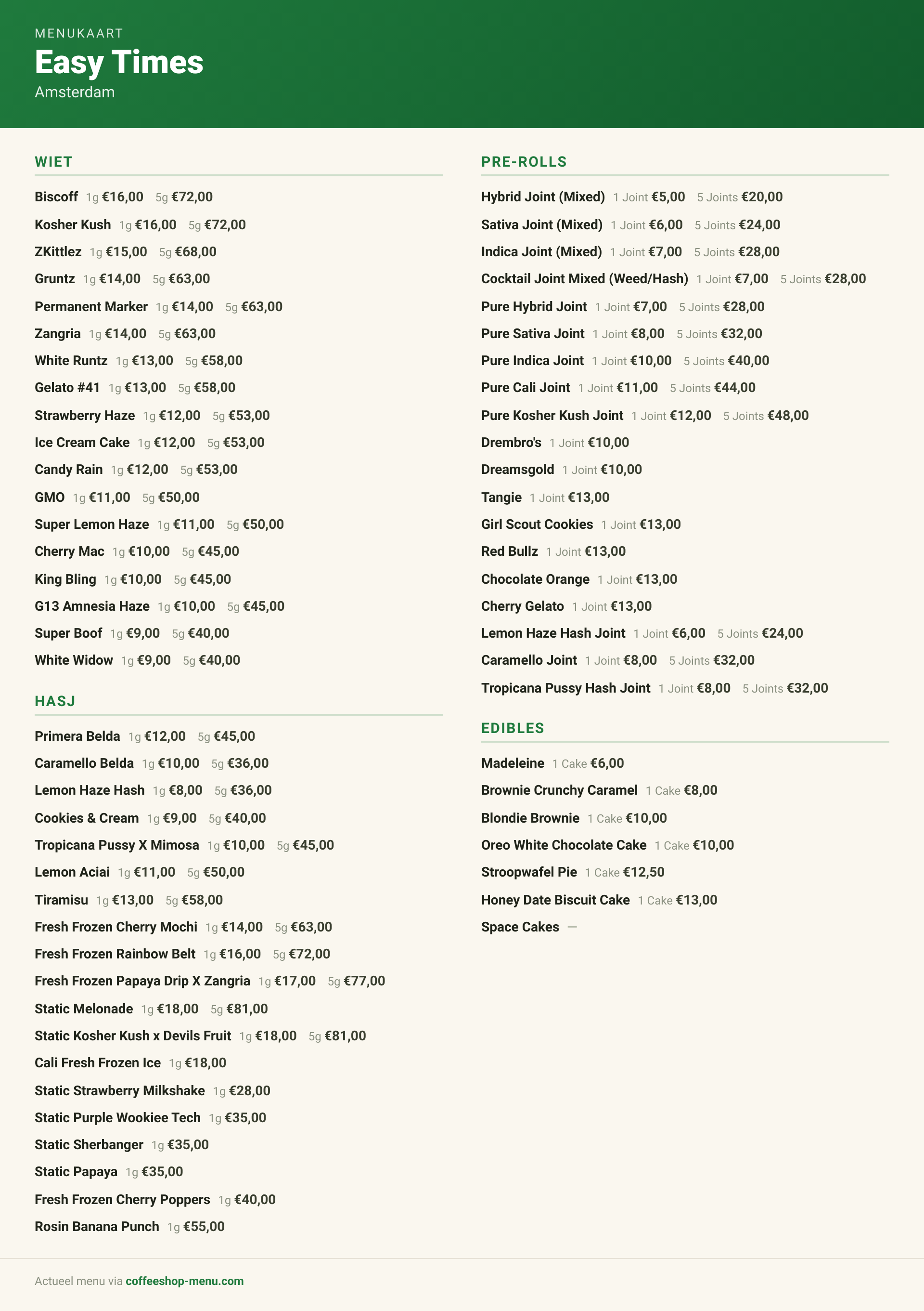 Menu bij Easy Times