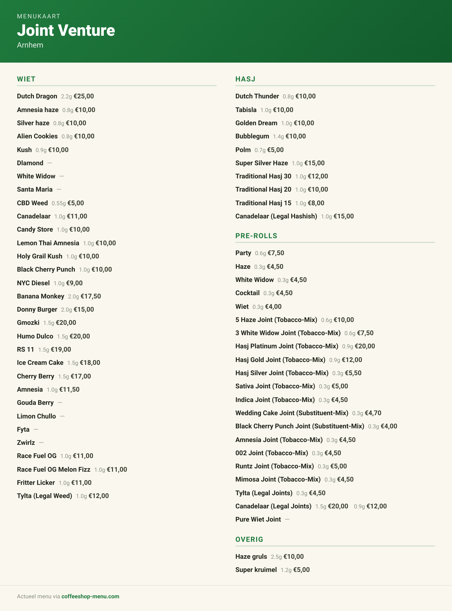 Menu bij Joint Venture