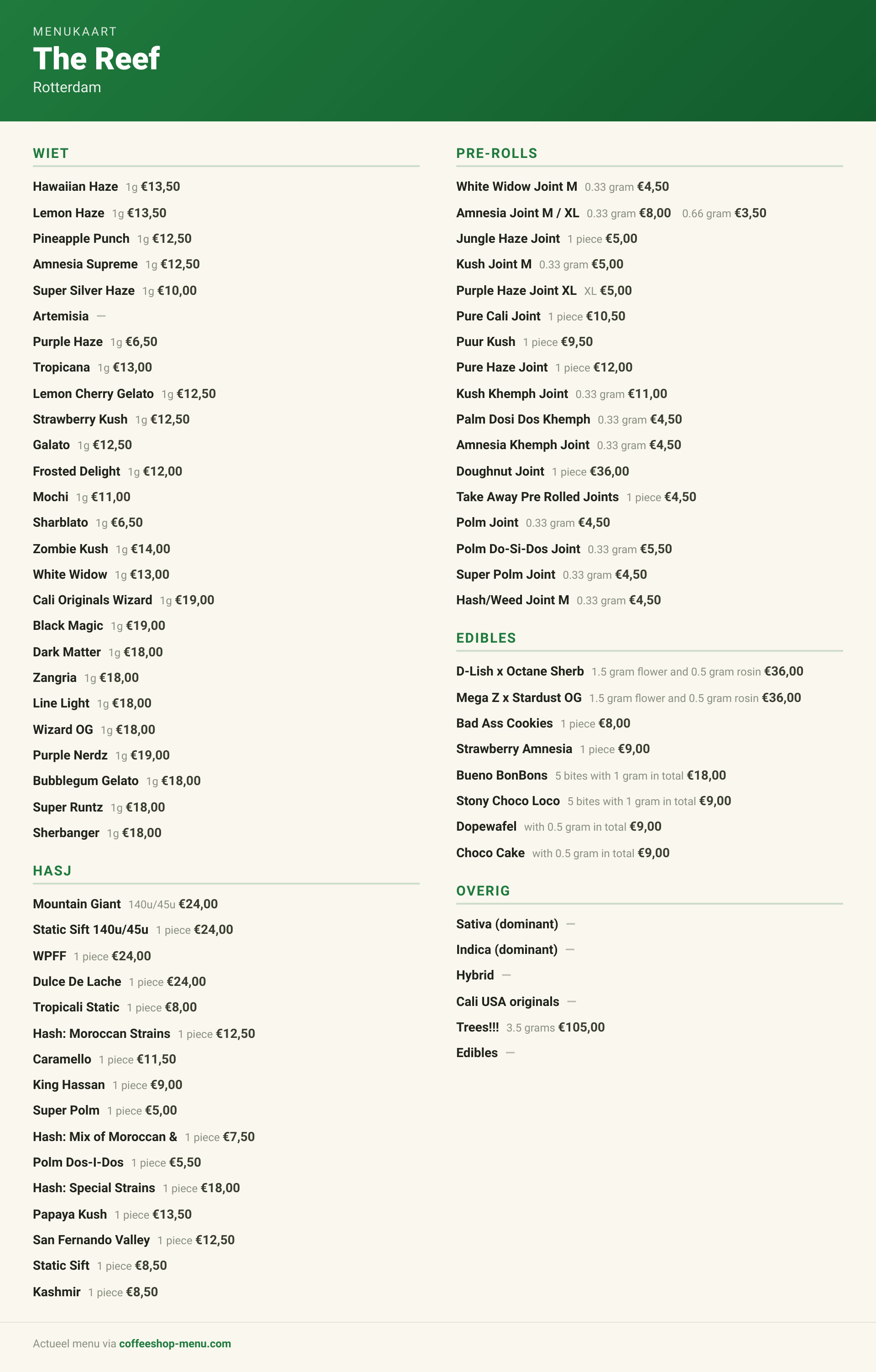 Menu bij The Reef