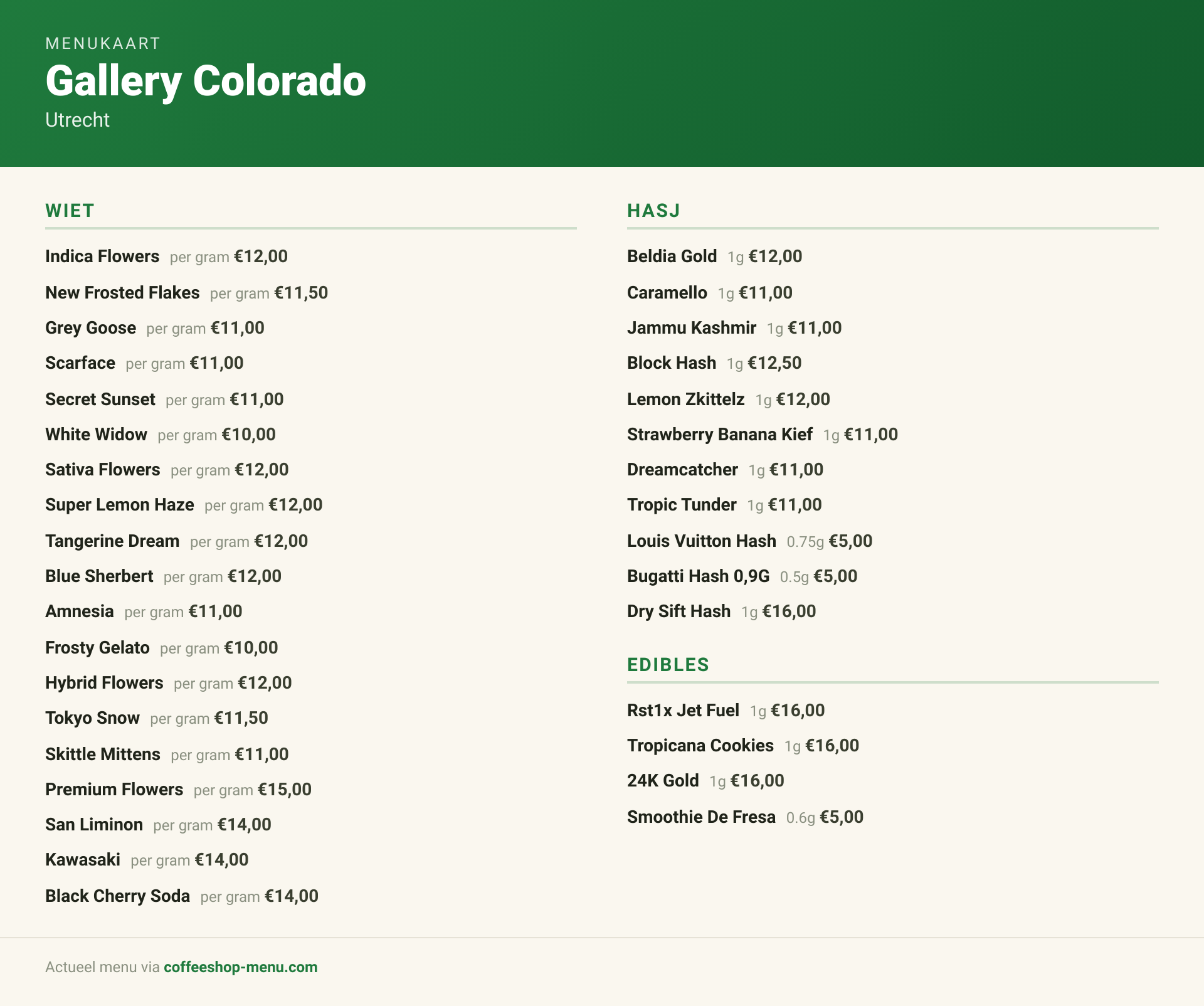 Menu bij Gallery Colorado