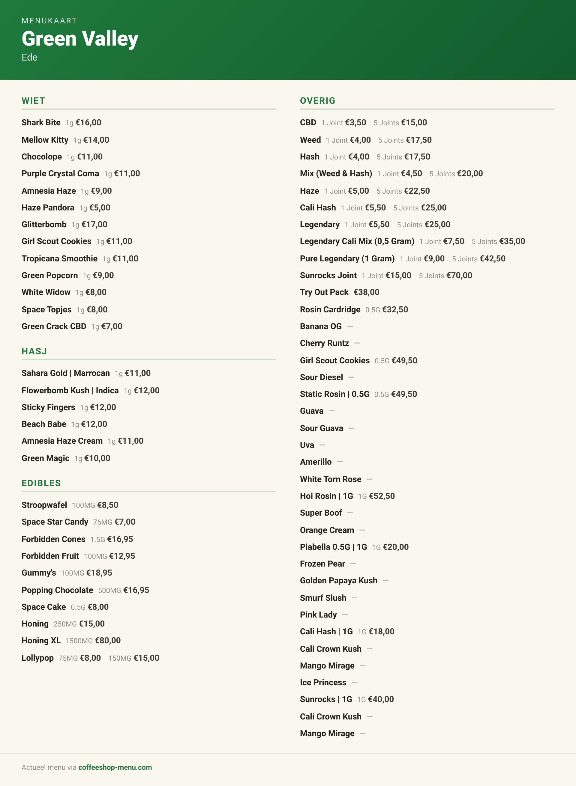 Menu bij Green Valley