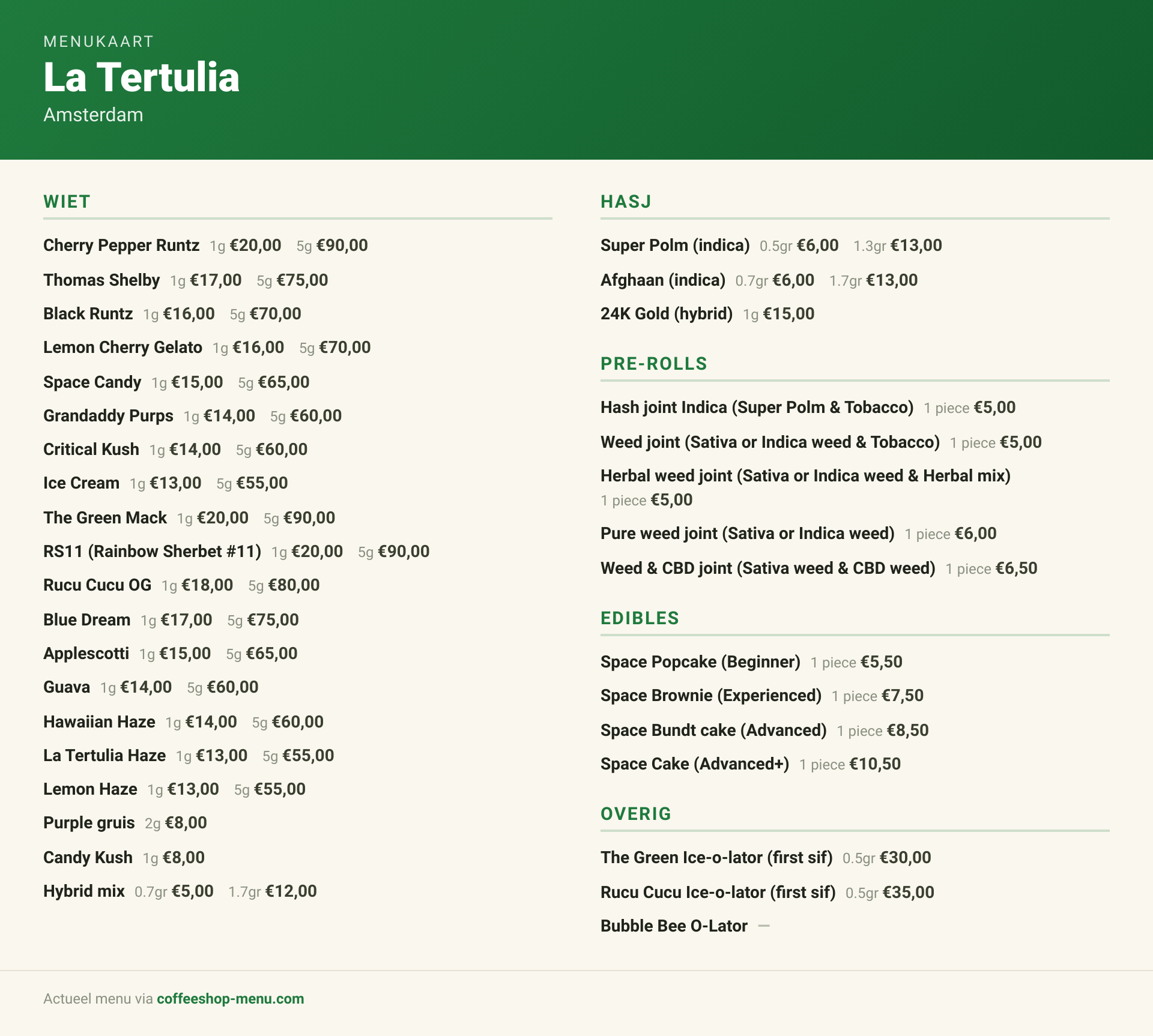 Menu bij La Tertulia