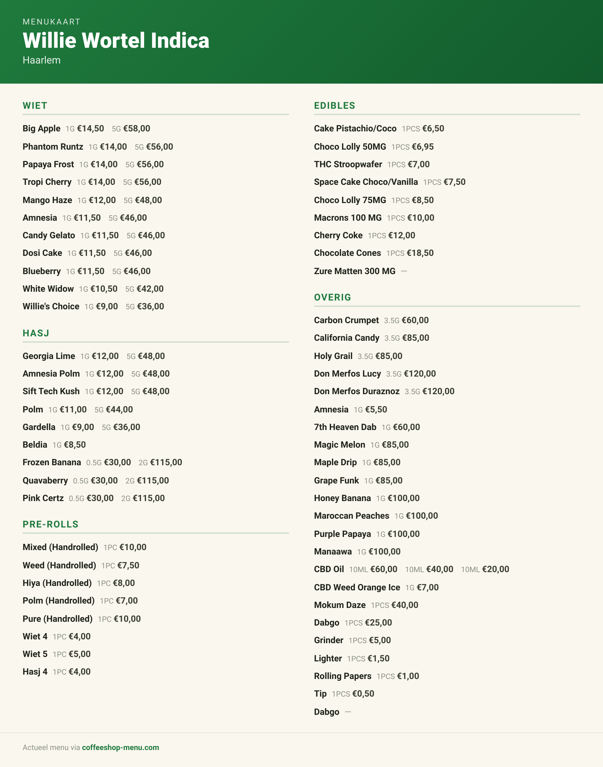 Menu bij Willie Wortel Indica