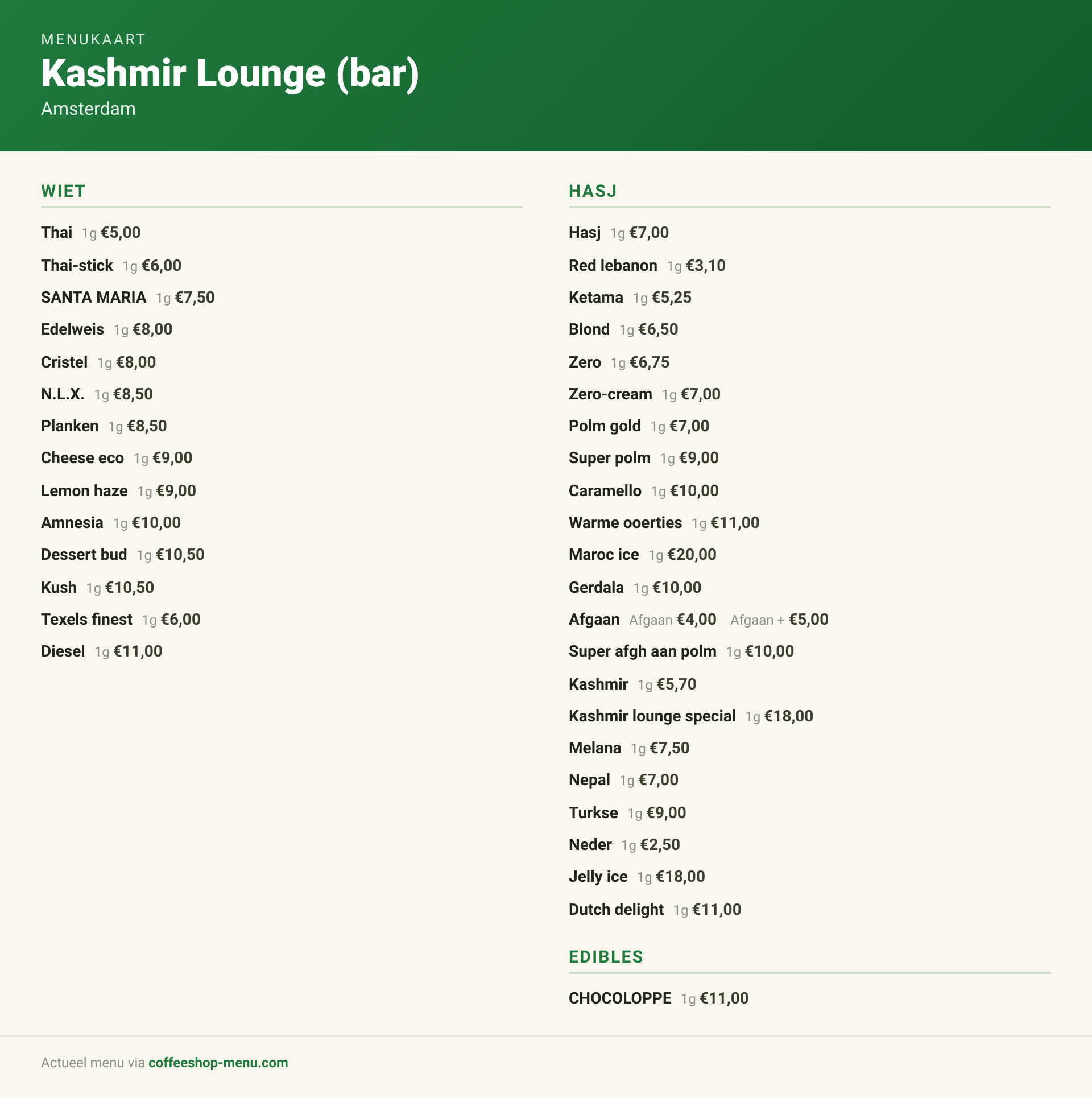 Menu bij Kashmir Lounge (bar)