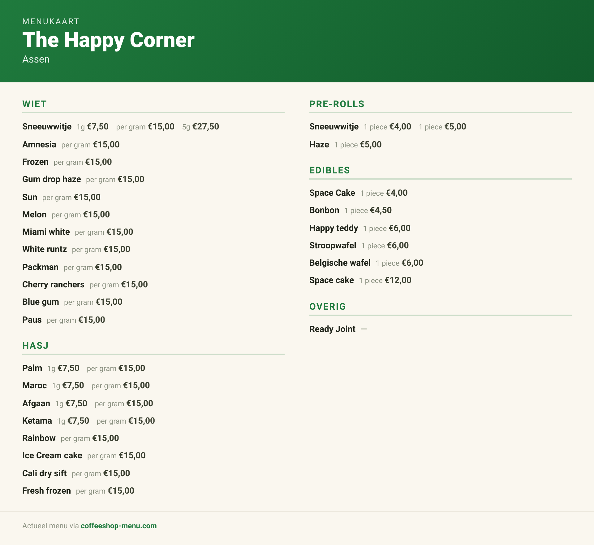Menu bij The Happy Corner
