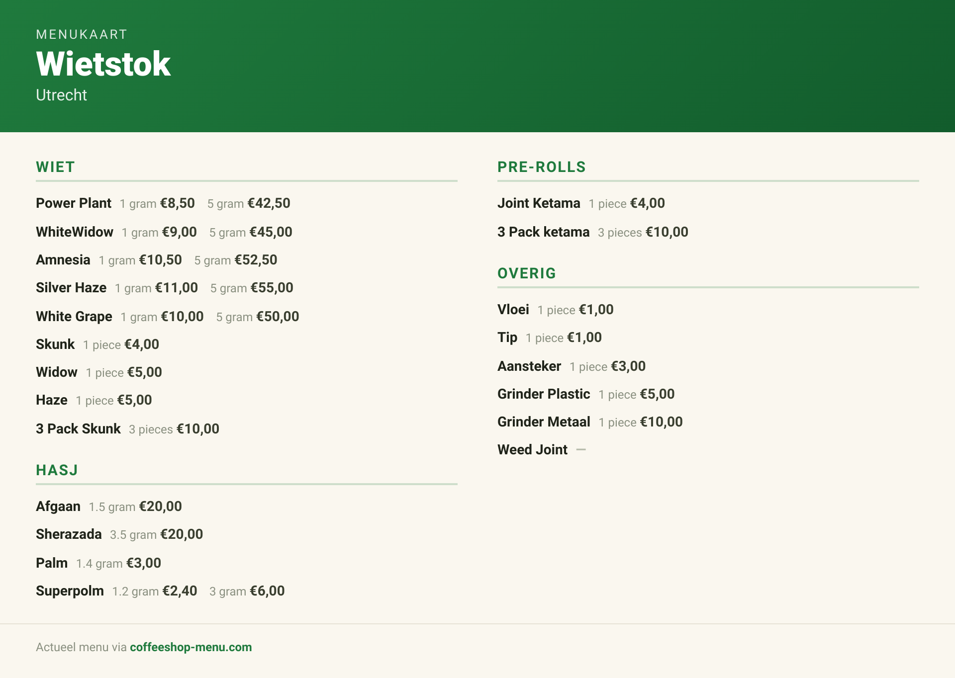 Menu bij Wietstok