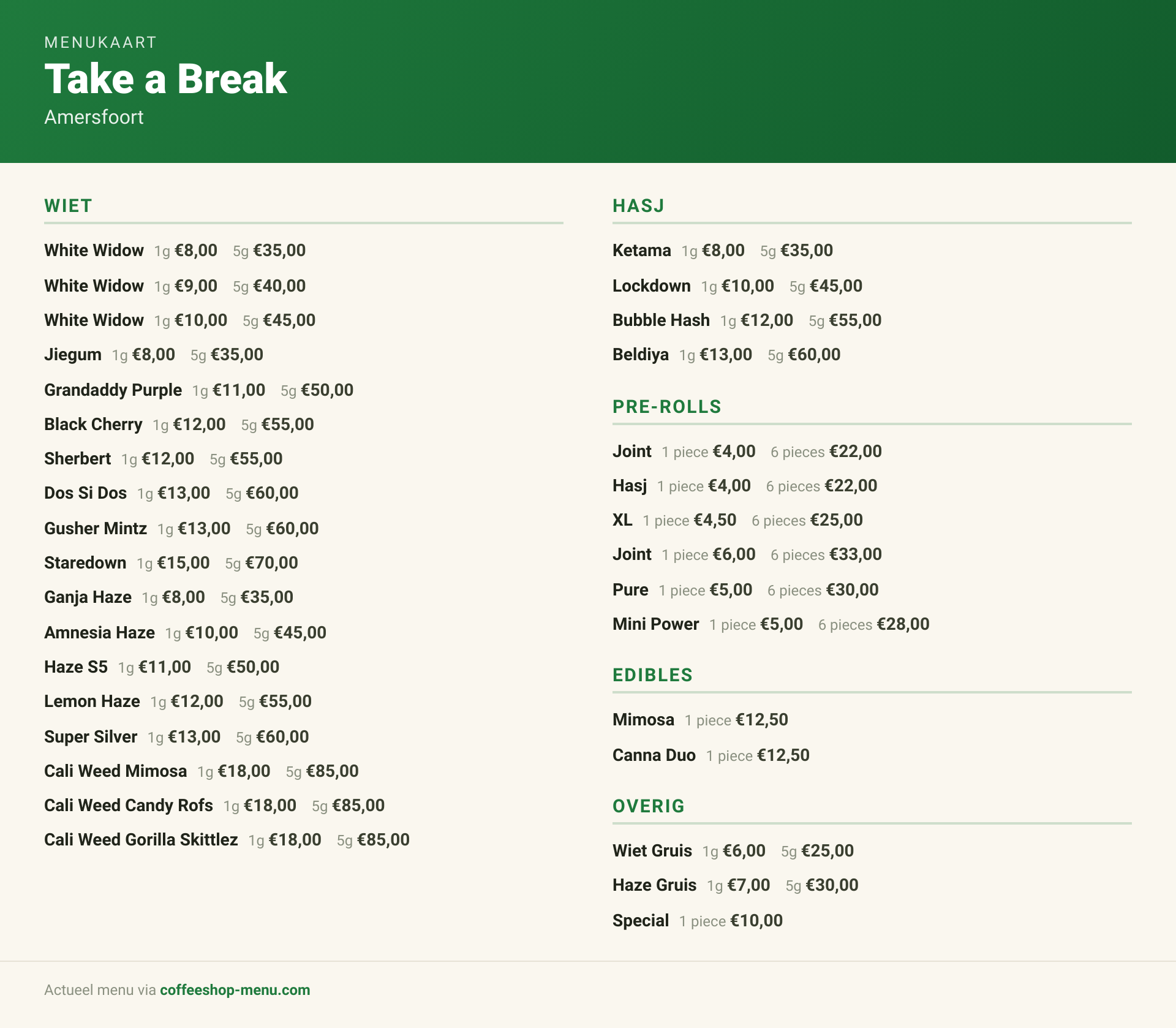 Menu bij Take a Break