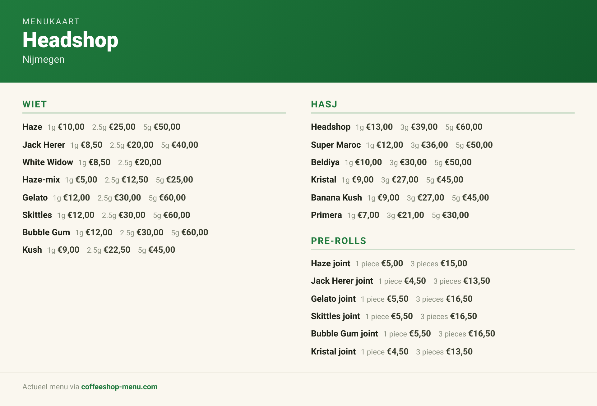 Menu bij Headshop
