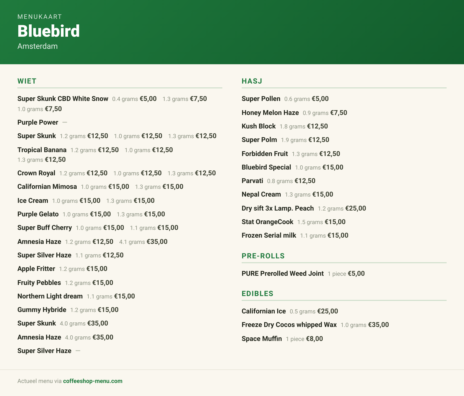 Menu bij Bluebird