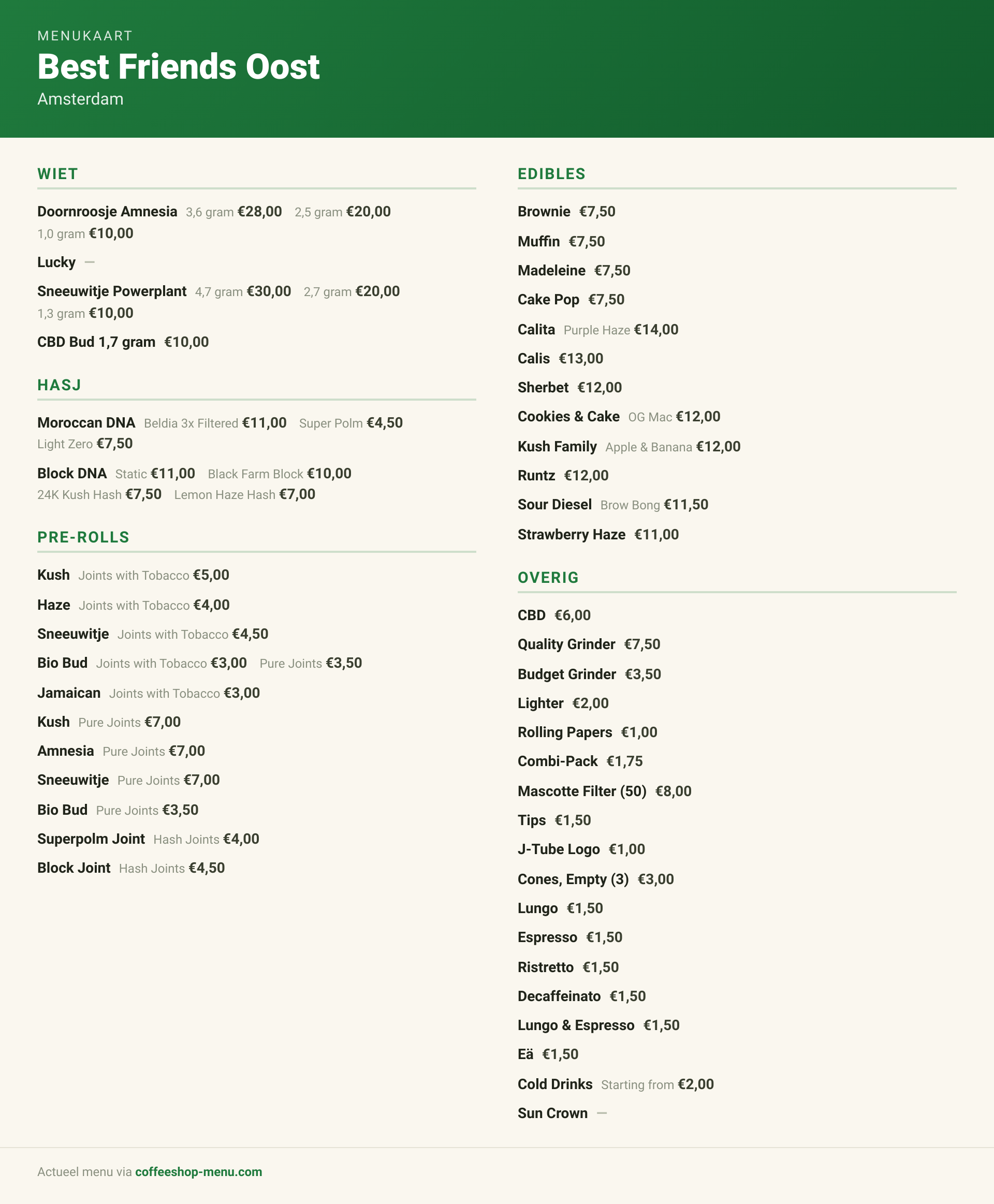 Menu bij Best Friends Oost