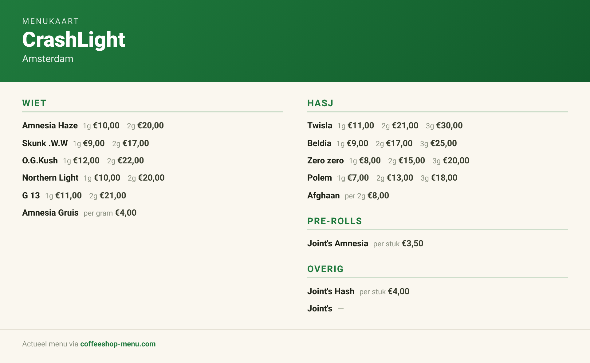 Menu bij CrashLight