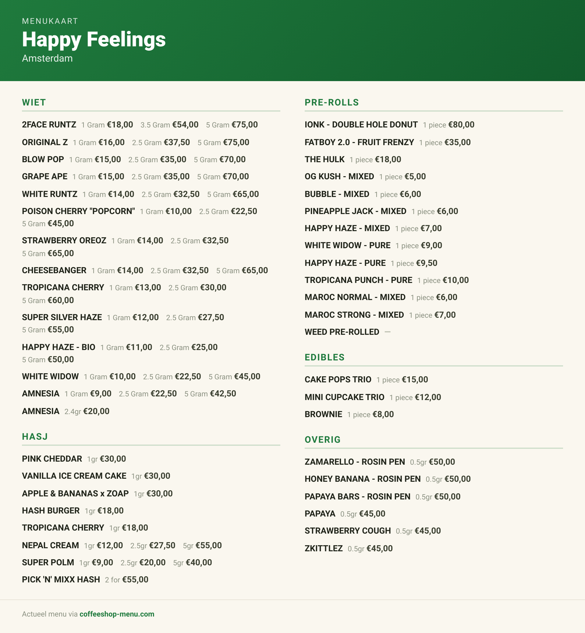 Menu bij Happy Feelings