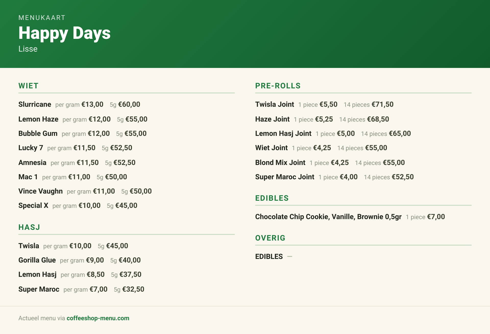 Menu bij Happy Days