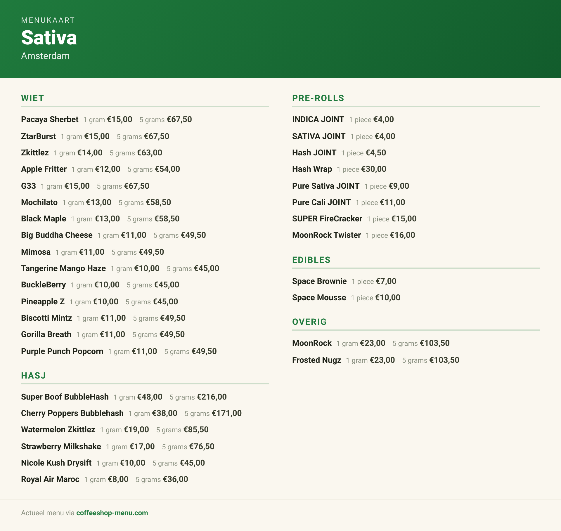 Menu bij Sativa