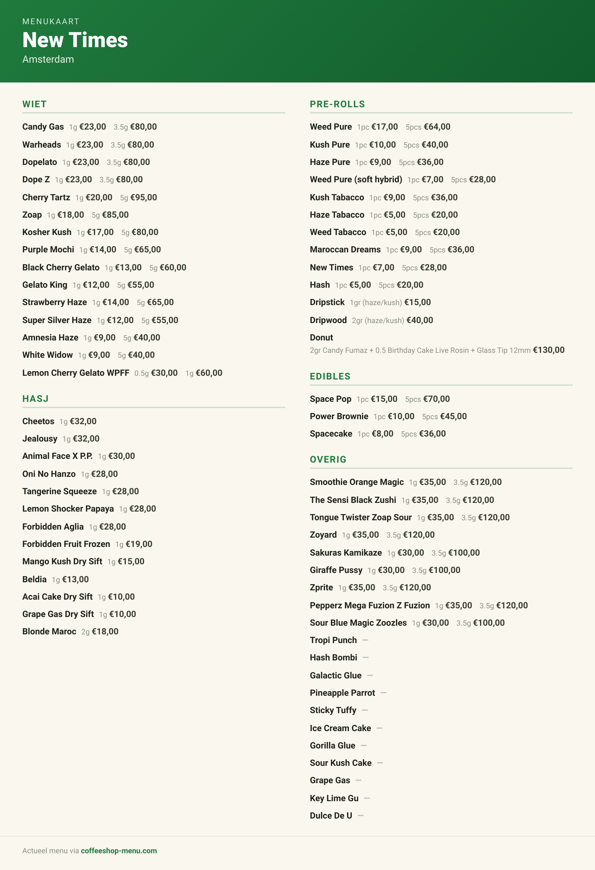Menu bij New Times