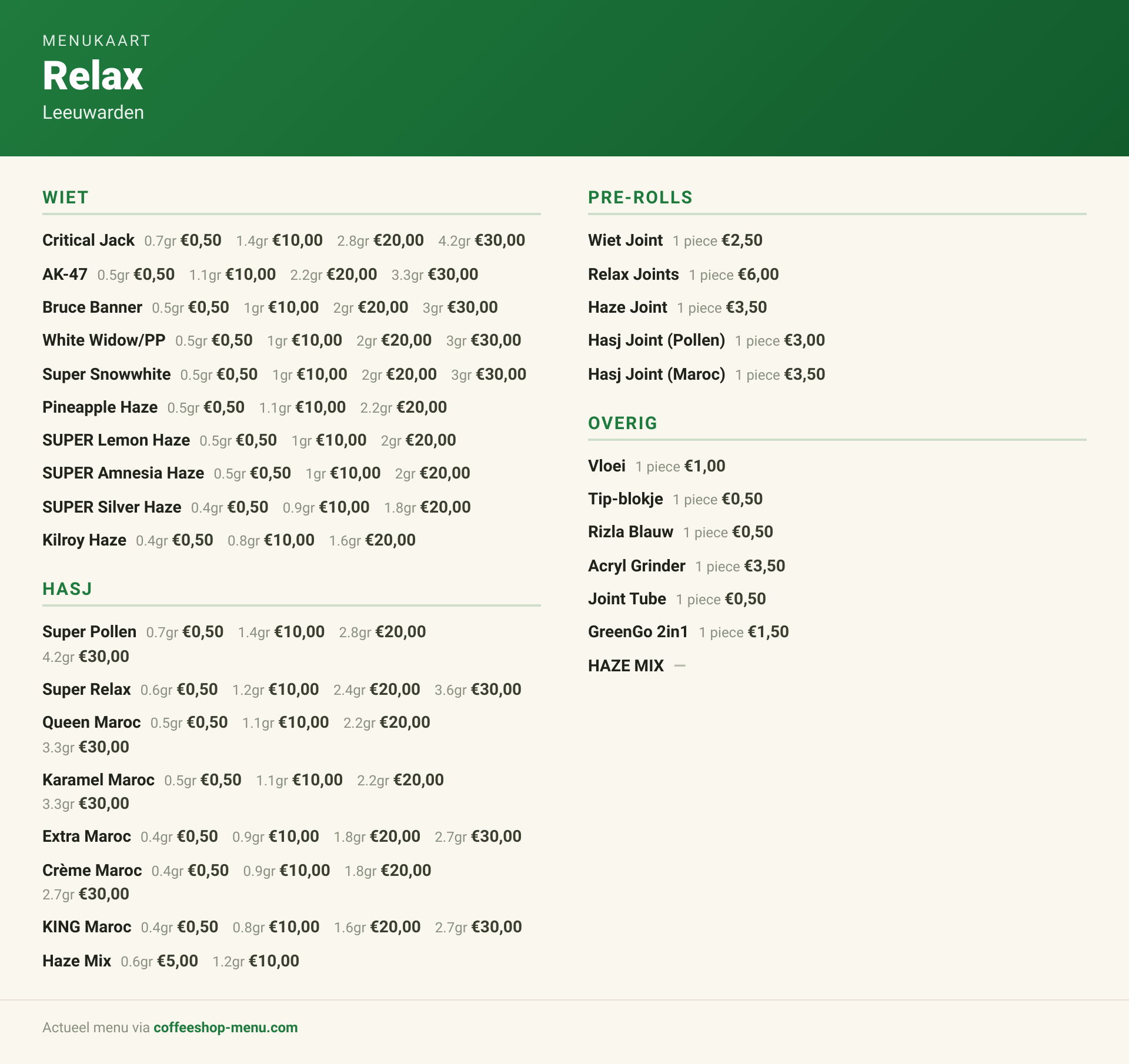 Menu bij Relax