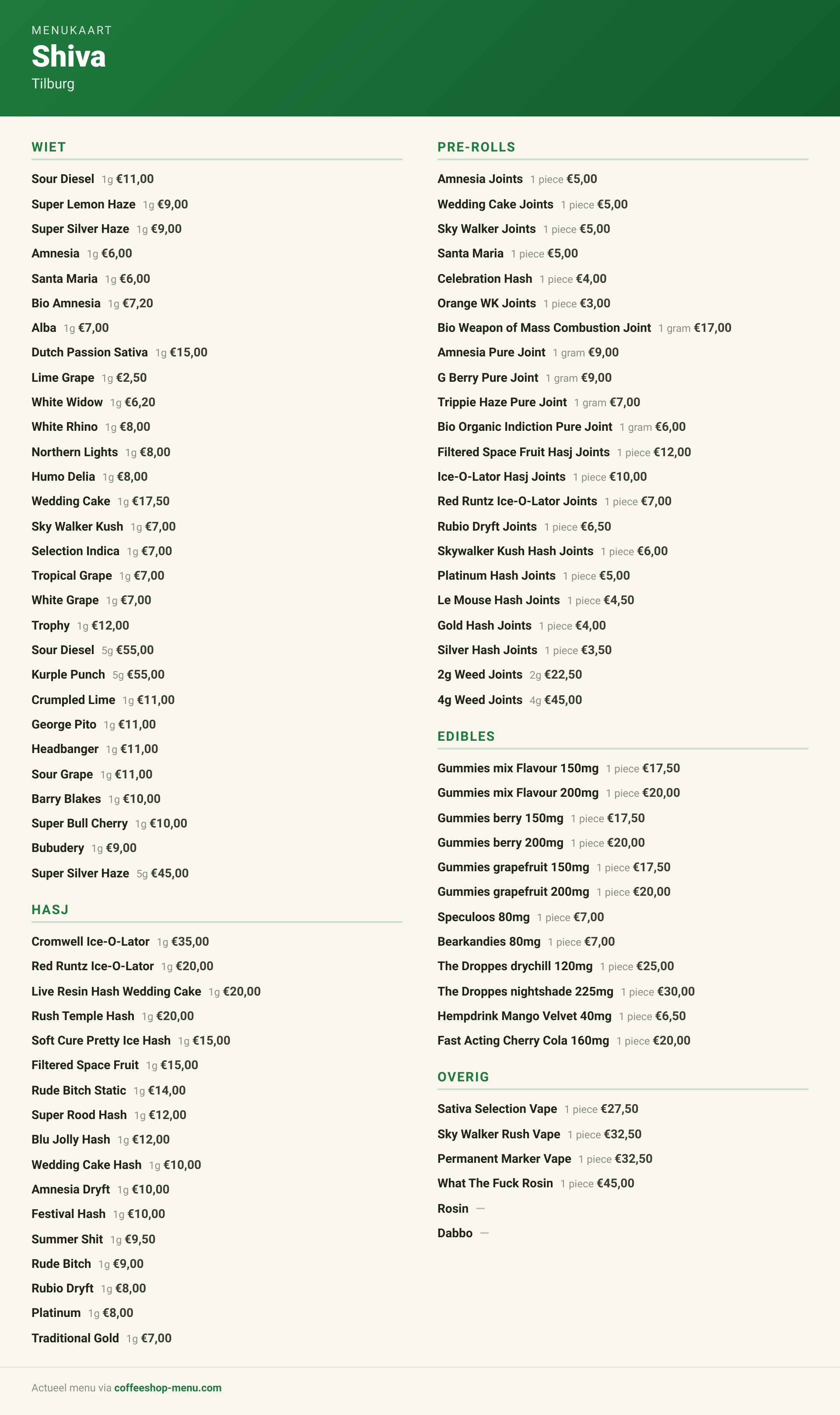 Menu bij Shiva