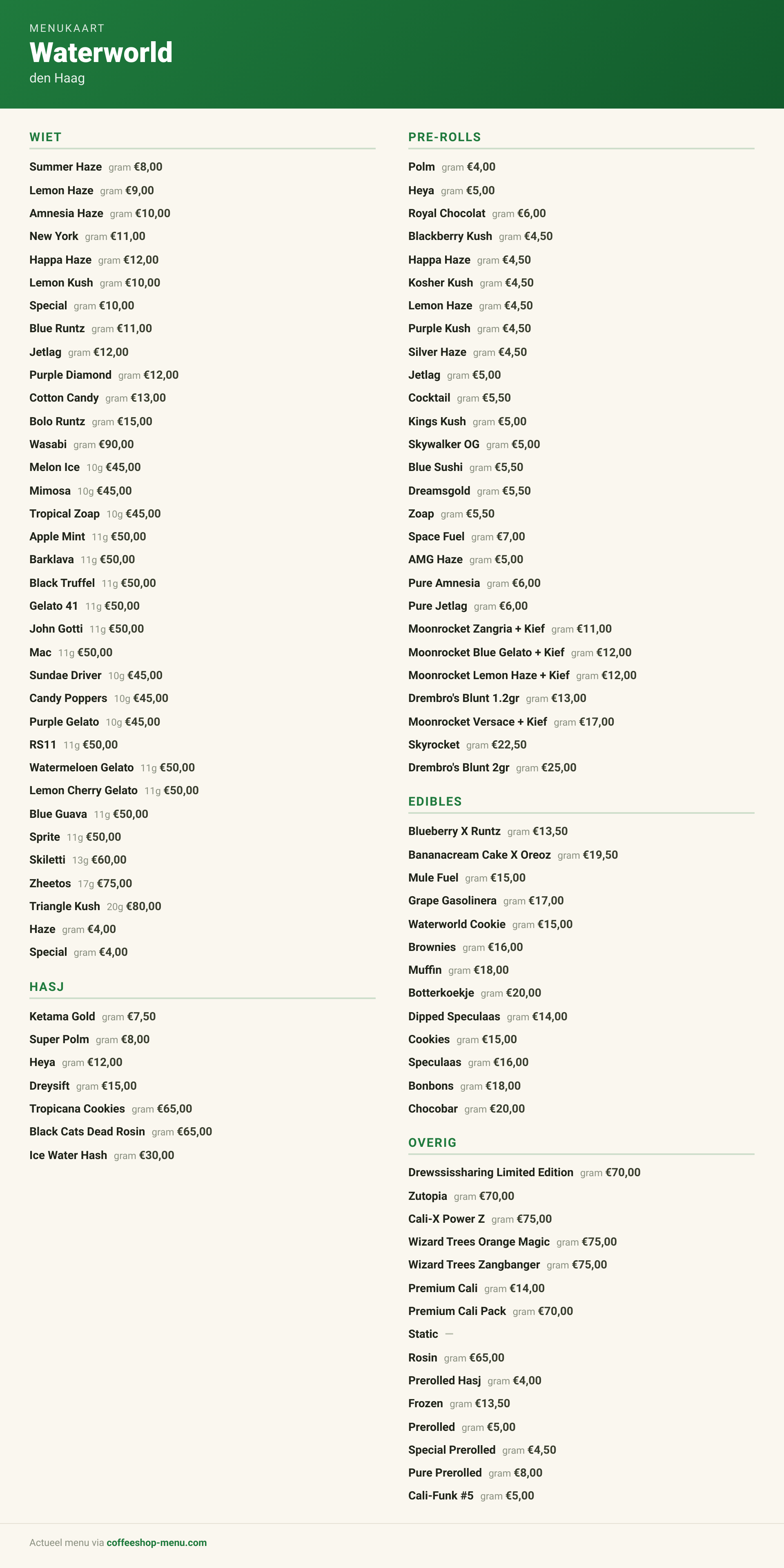 Menu bij Waterworld