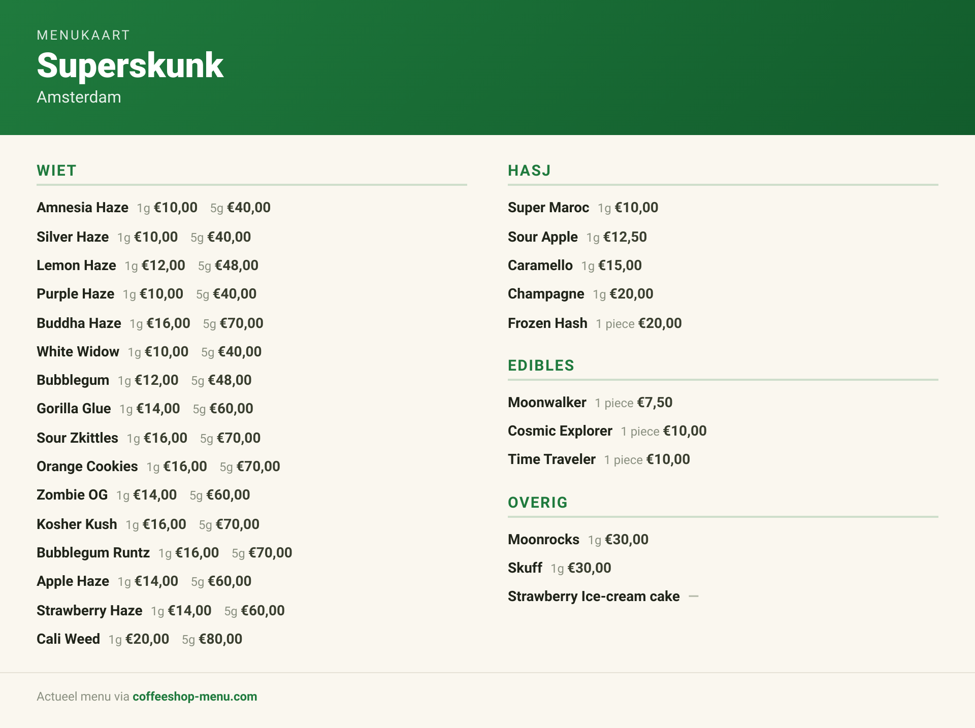 Menu bij Superskunk